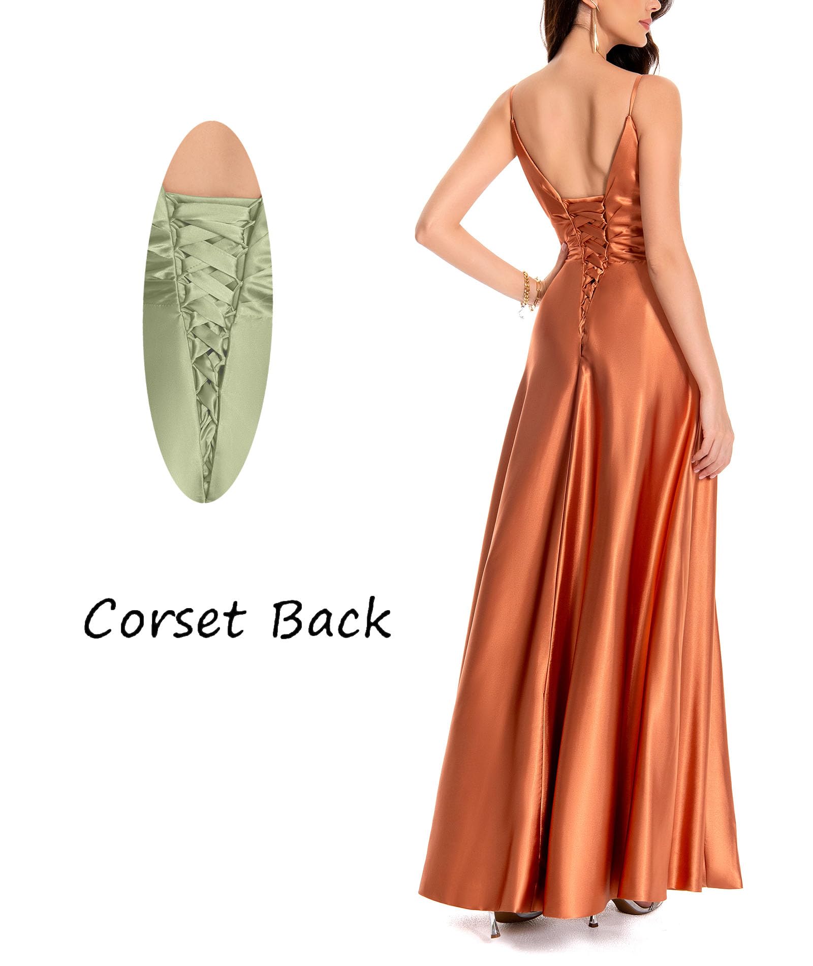 xxxiticat Damen V-Ausschnitt Spaghettiträger Satin Brautjungfernkleider Formeller A-Linie Abschlussball Abendkleider mit Schlitz
