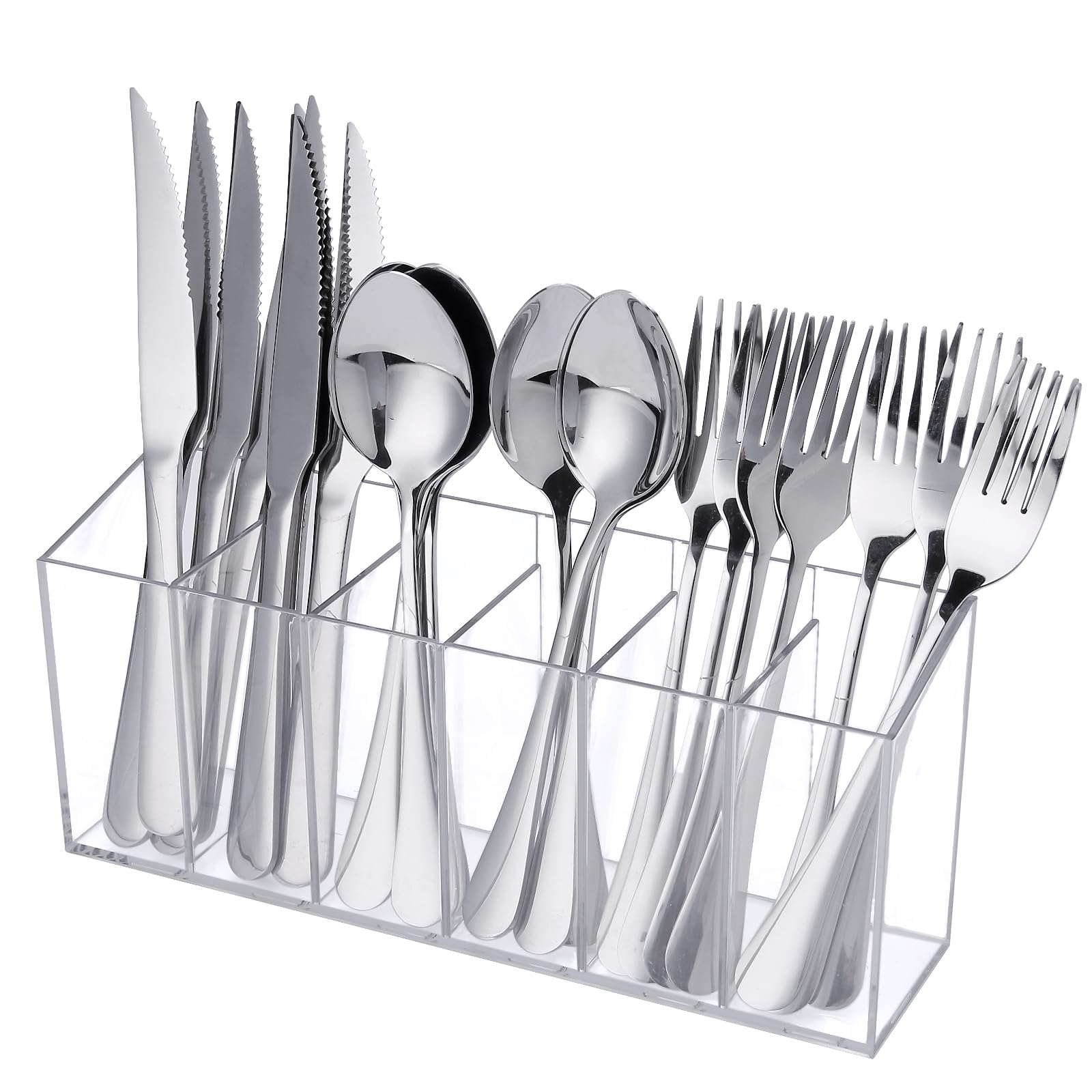 ZZDWLDHA Acrylic Cutlery Storage Organizer Holder Silverware Caddy for Kitchen Countertop -Holds Fork, Knife, Spoon, Silverware - 6 Divided Sections Transparent