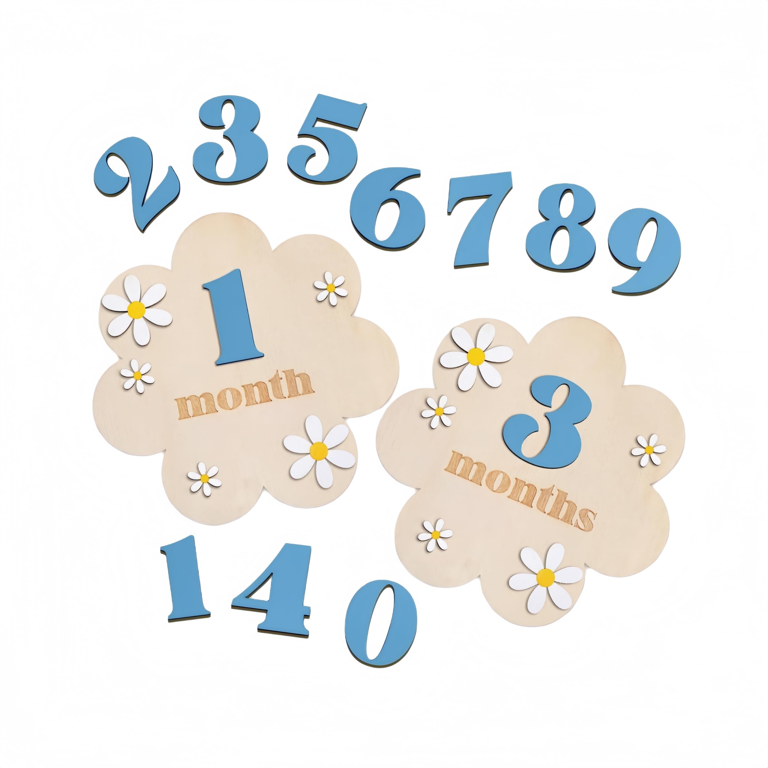 PLUSHCEWT Wooden Daisy Baby Milestone Cards, 0-12 Months Newborn Milestone Sign with Replaceable Numbers & Glue Dots, Flower Design Photo Prop for Recording Baby Monthly Growth, Gift (Blue)