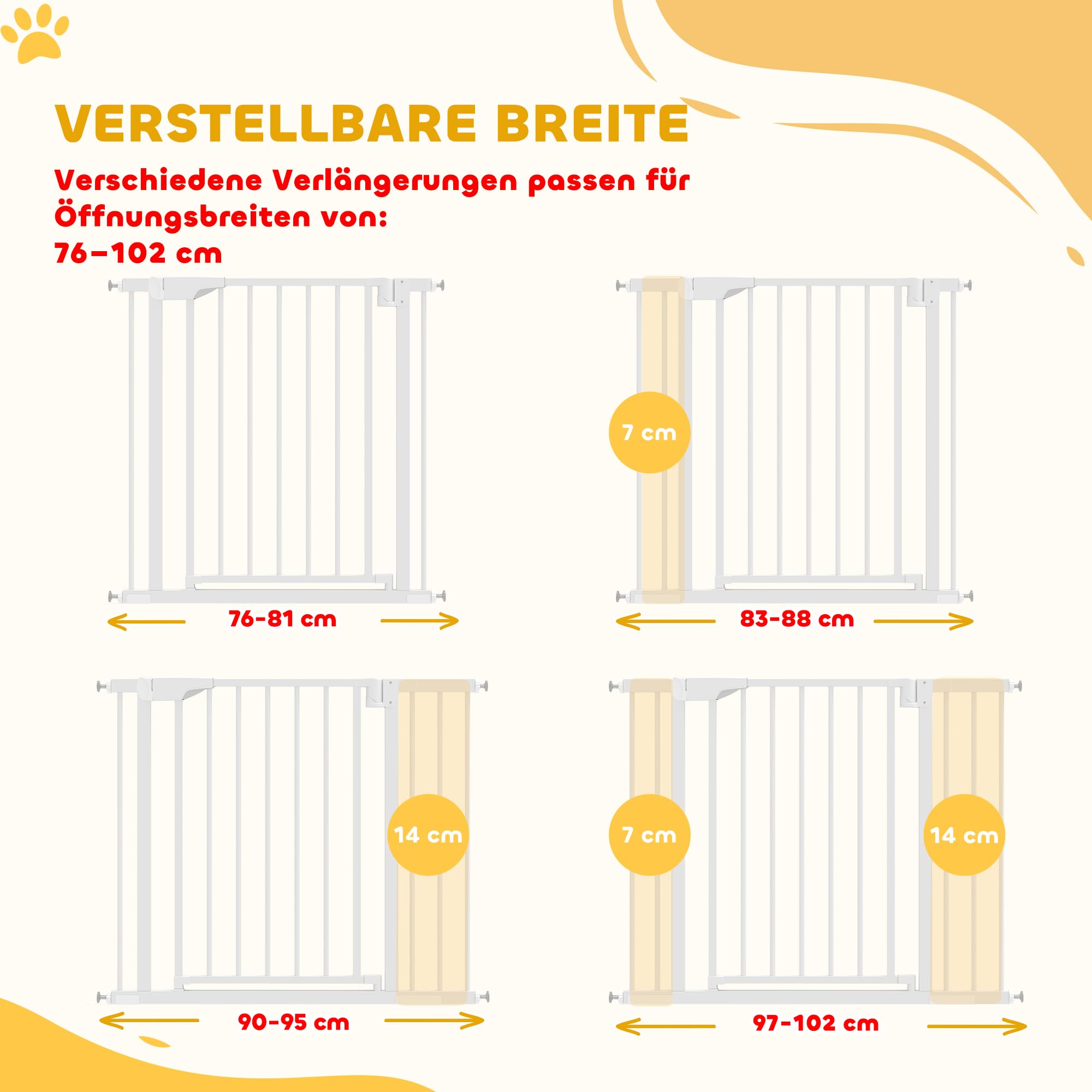 PawHut Treppenschutzgitter Ohne Bohren mit Verlängerung 76-102 x 76 cm Weiß | Absperrgitter, Hund Schutzgitter, Türschutzgitter, Automatische Schließung, Beidseitige Einhand Öffnung, für Kinder