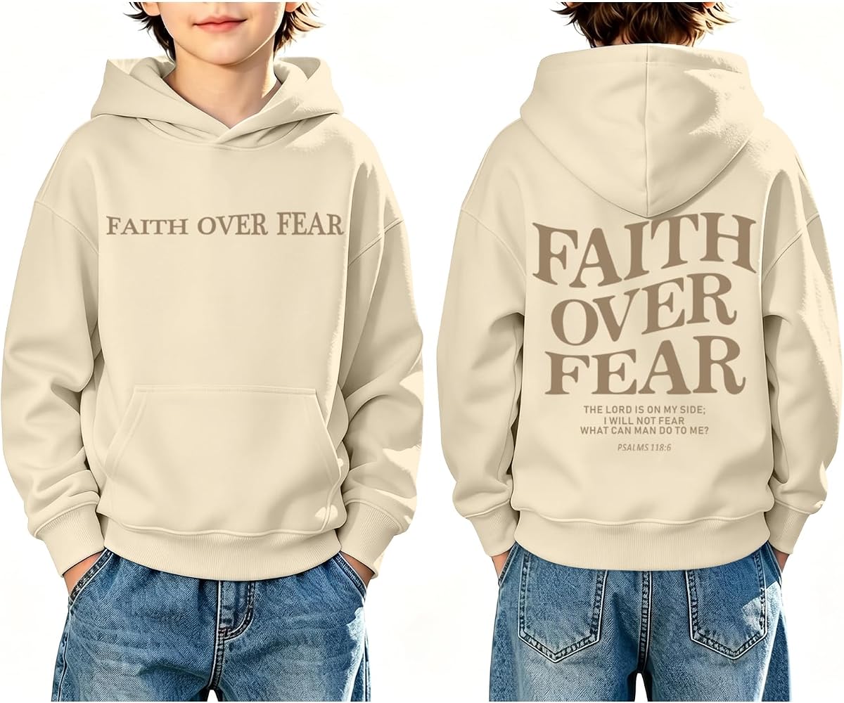 Fkatuzi Boys Christian Faith Over Fear Hoodie Kids Jesus Sweatshirt Faith Verse Bible God Religious Graphic Hoodies Pullover