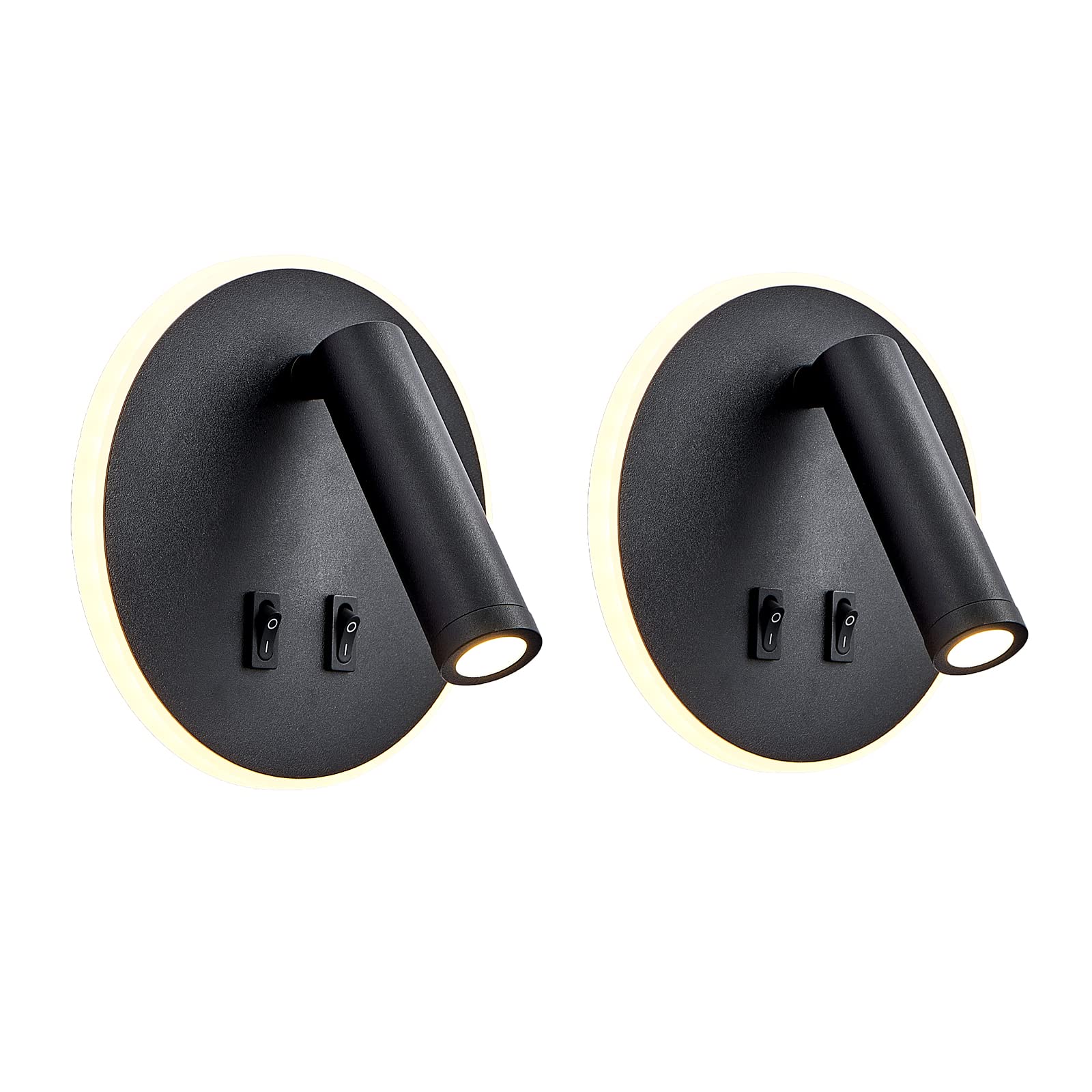 Lámpara de pared LED, lámpara de pared de lectura junto a la cama, lámparas de lectura de pared LED de 12 W, foco ajustable （3 W + 9 W 3000 K luz cálida） (negro Forma redonda 2PCS)