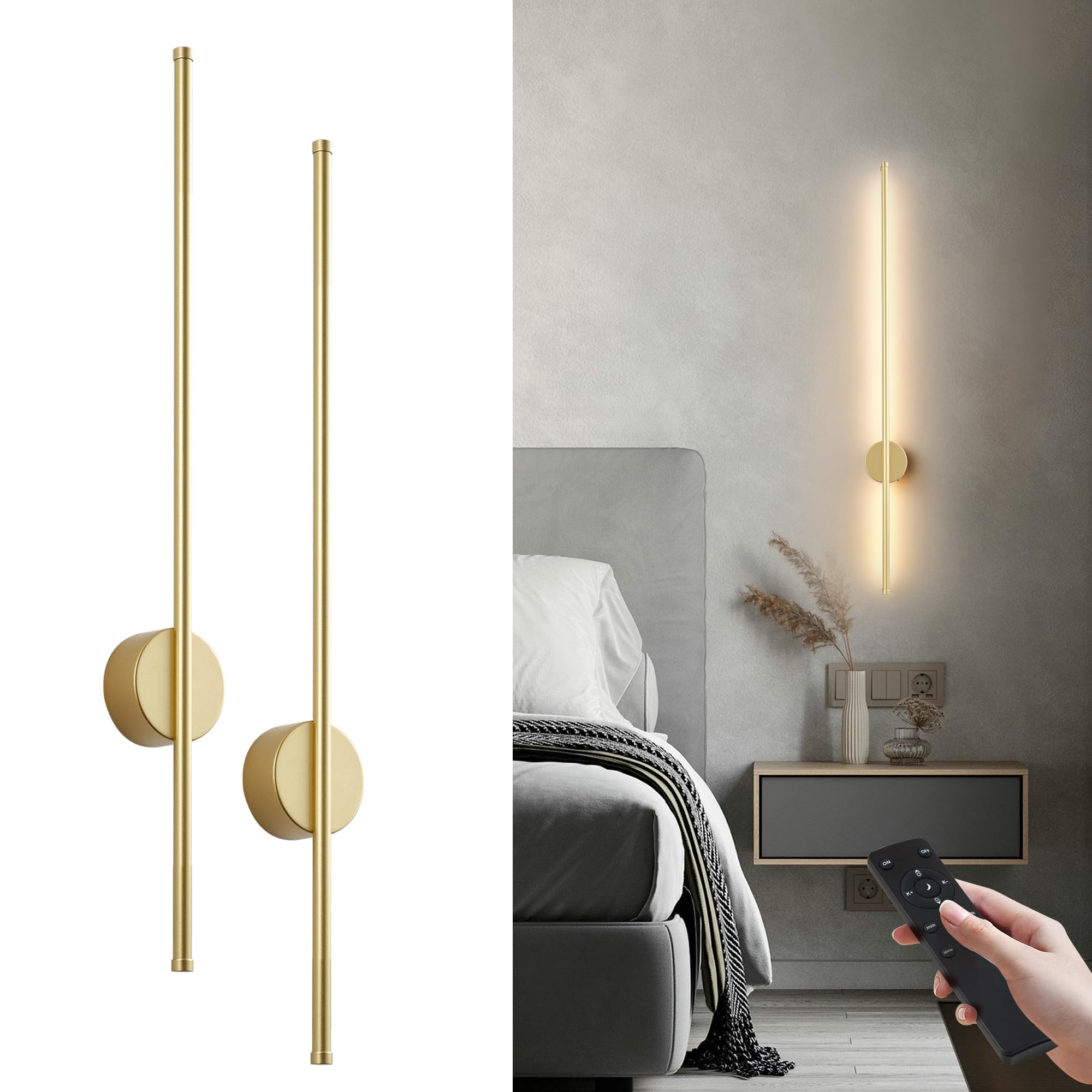 KARTOOSH Battery Operated Modern Wall Sconce Set of Two, 39.3 Inch Gold