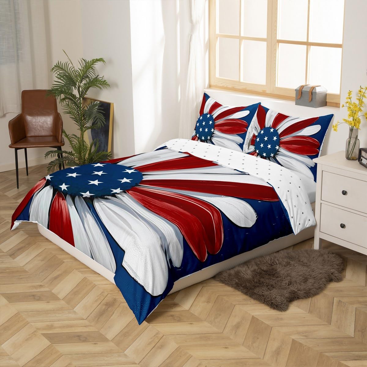 Erosebridal 4th of July Duvet Cover Queen Independence Day Bedding Set for Kids Teens Red Blue White Patriotic Bedspread Cover American Flag Flower Floral Bed Set