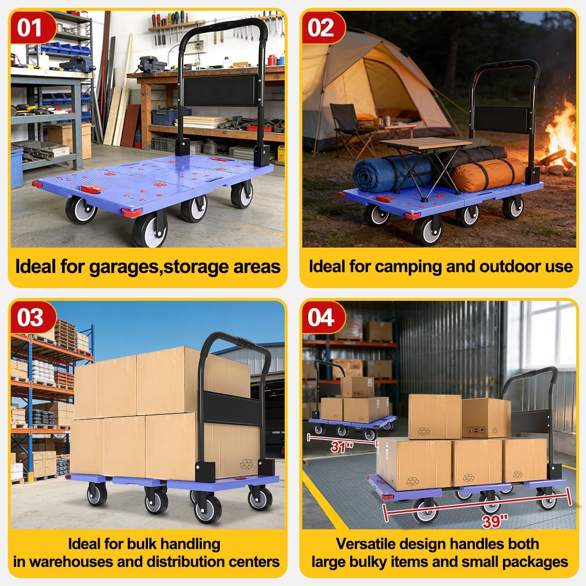 WUD 1323 lbs Heavy Duty Folding Platform Cart with Extendable Deck (31''–39''), 6-Wheel Support, 4'' Quiet Casters, Thick Reinforced Flatbed Dolly for Warehouse, Garage & Moving