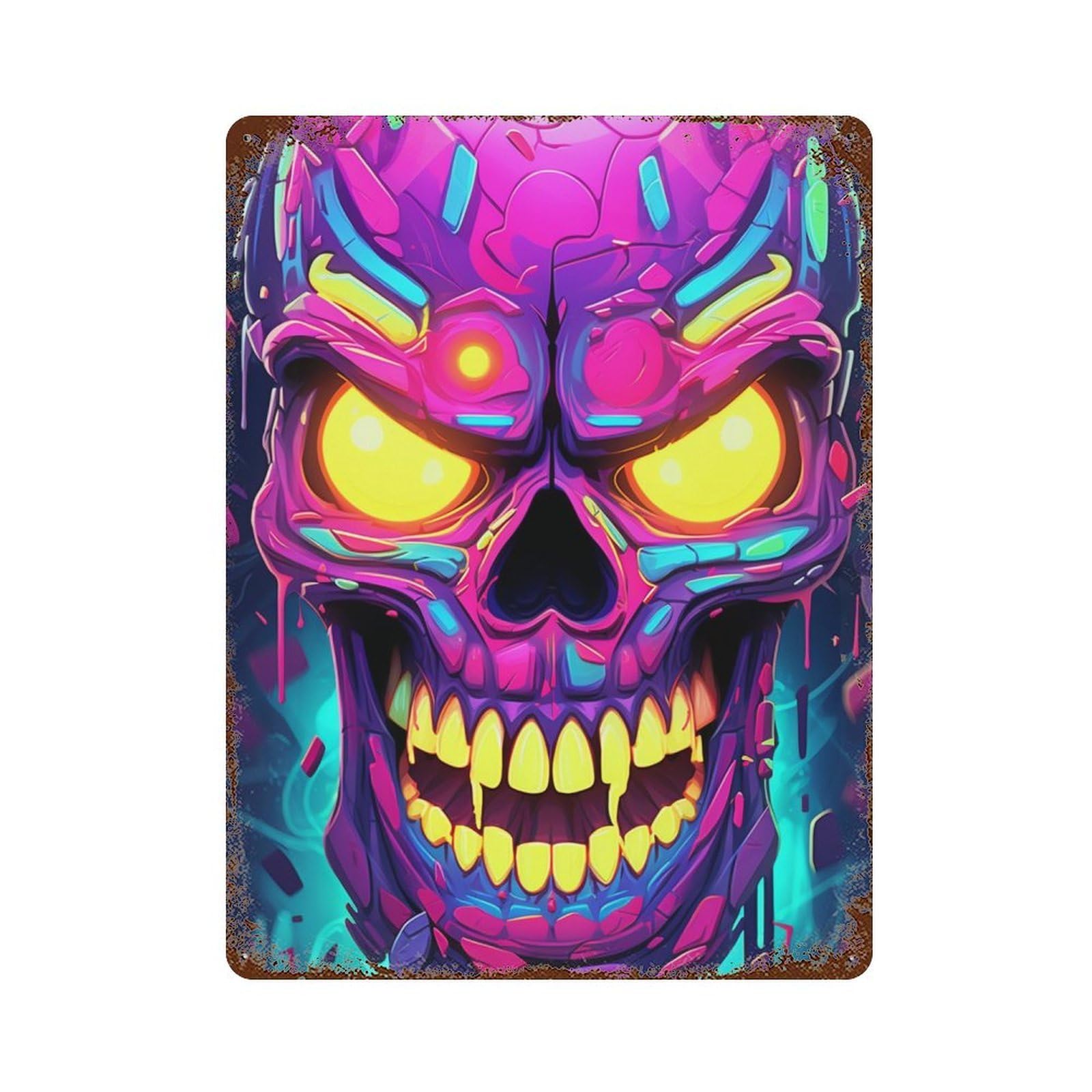 Neon Cyber Skull Artwork Rust Effect Tin Sign 15.7"x11.8", Vintage Wall Decor for Bistro, Counter And Cafe Decor