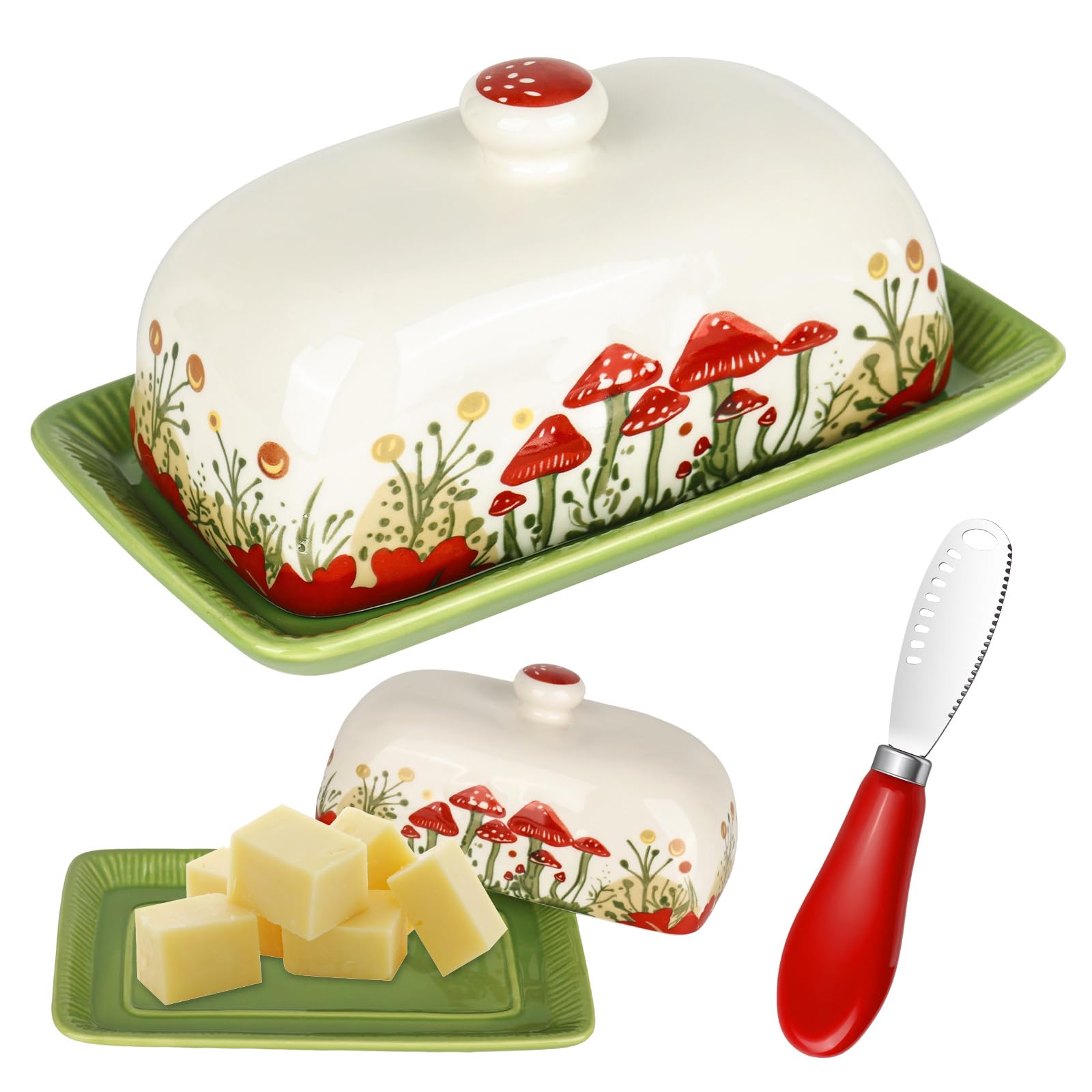 YYTECH Green Butter Dish with Lid, 7.5*4.2 in Ceramic Butter Dish with Lid, Butter Keeper with Mini Red Butter Knife, Cute Mushroom Butter Storage Dish Covered for Home, Kitchen, Keeping Butter