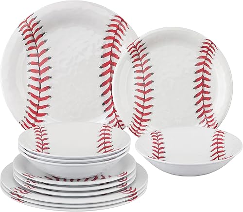 UPware Juego de vajilla de melamina de béisbol de 12 piezas, juego de platos para exteriores, juegos de platos y cuencos, servicio para 4, blanco