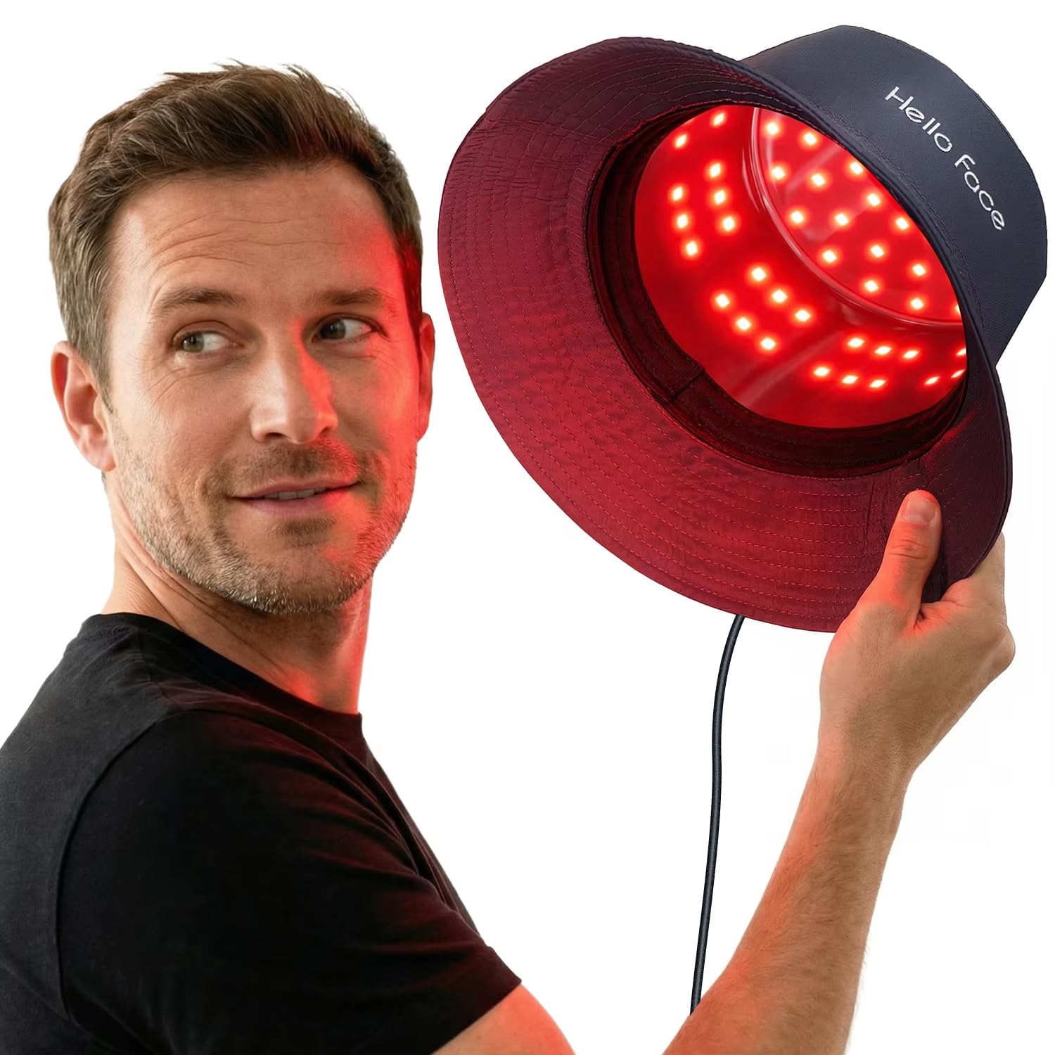 Casquette de thérapie par la lumière rouge, 336 LED 660 nm & 850 nm infrarouge, design chapeau de pêcheur jusqu’à 62 cm, soin capillaire professionnel à domicile