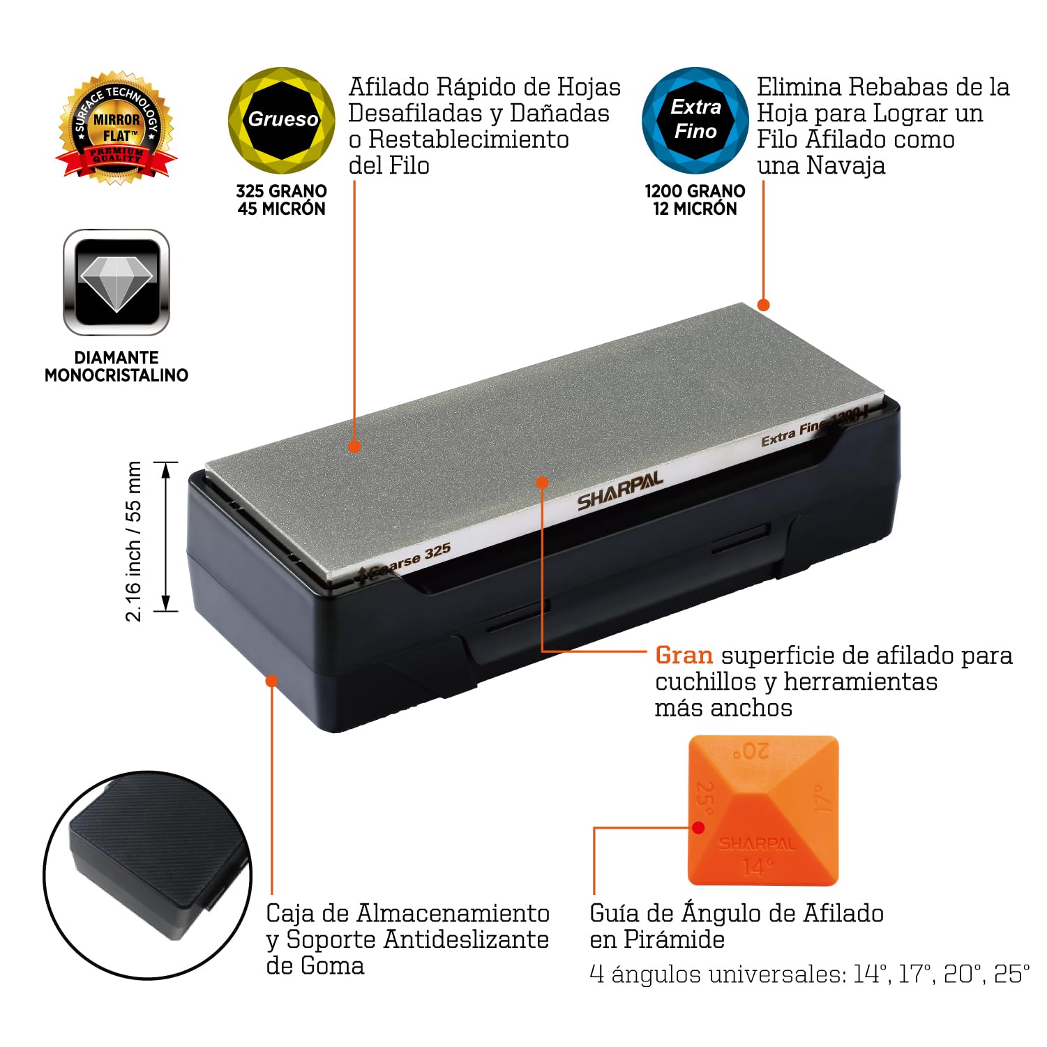 SHARPAL 162N Afilador con piedra de diamante para cuchillos con base de almacenamiento, y guía de ángulo, congrano 325, grano 1200 (203 mm x 76 mm)