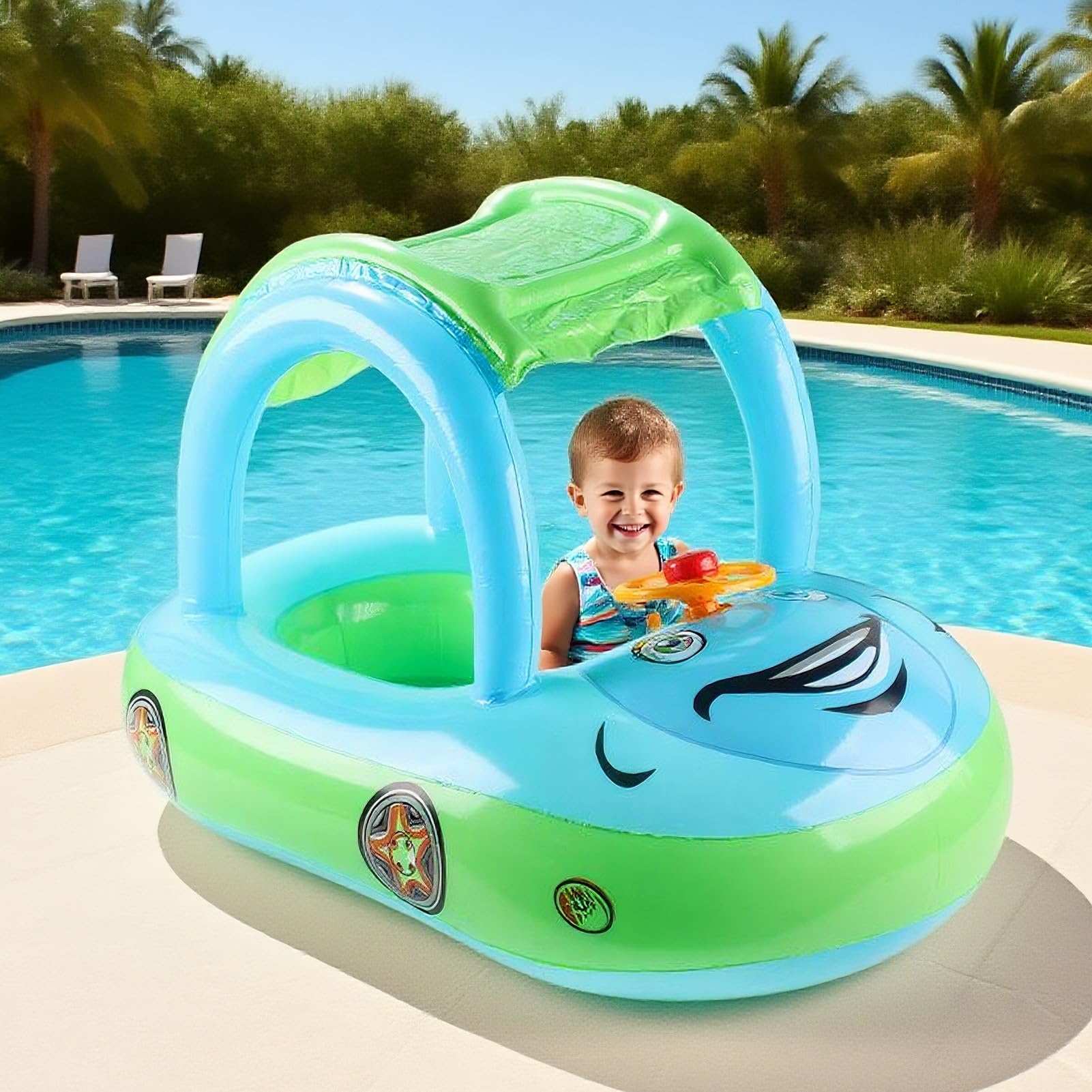 Galleggiante Per Nuoto Per Bambini | Galleggiante Piscina Per Ragazzi - Auto Gonfiabile Giocattolo Allenatore Con Protezione Solare Per Lago Piscina Estate
