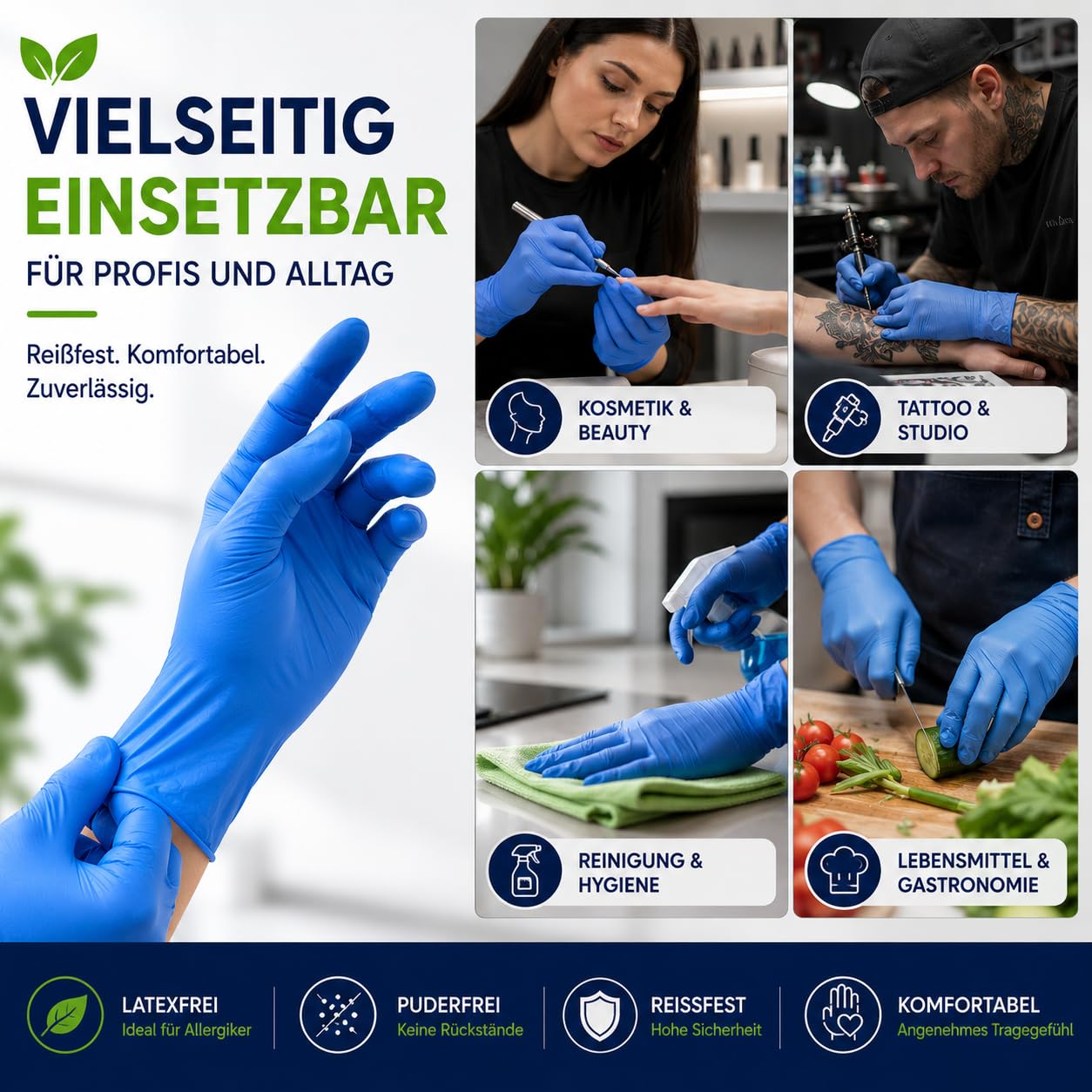 GEDIMED ECO Nitrilhandschuhe Blau 100 Stück – Biologisch abbaubare Nitrilhandschuhe, puderfrei & latexfrei, reißfest, Einweghandschuhe für Hygiene, Gastronomie, Kosmetik & Reinigung (1000, S)