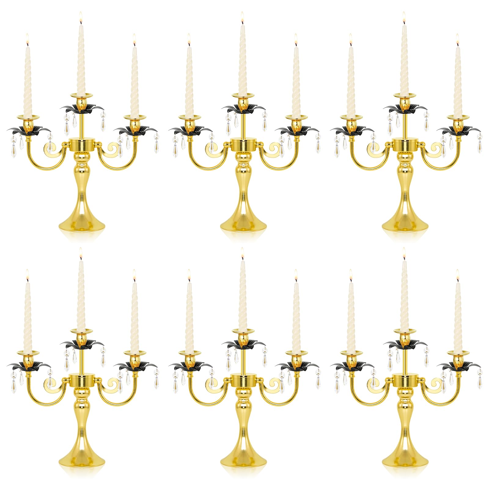 6 Pcs 3 Arm Black and Gold Candelabra Party Decorations - 11.8 Inch Tall Candle Holders, Elegant Taper Candlestick Stand for Wedding, Dining Table, Christmas Party Home Decoration