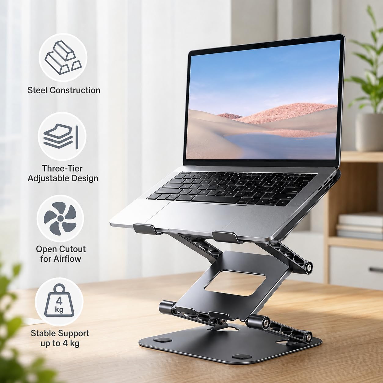 Supporto pieghevole in acciaio per computer portatile, design regolabile da | La struttura a tre livelli supporta fino a 4 kg con flusso d'aria aperto e design pieghevole portatile per lavoro studio