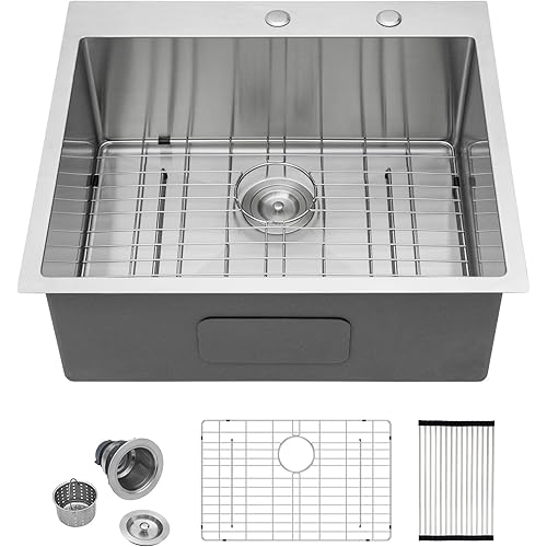 Funmier Drop In Kitchen Sink, 25x22 Inch Sink Kitchen 16 Gauge Stainless Steel Topmount Kitchen Sinks Single Bowl 25 Inch Sink with Accessories