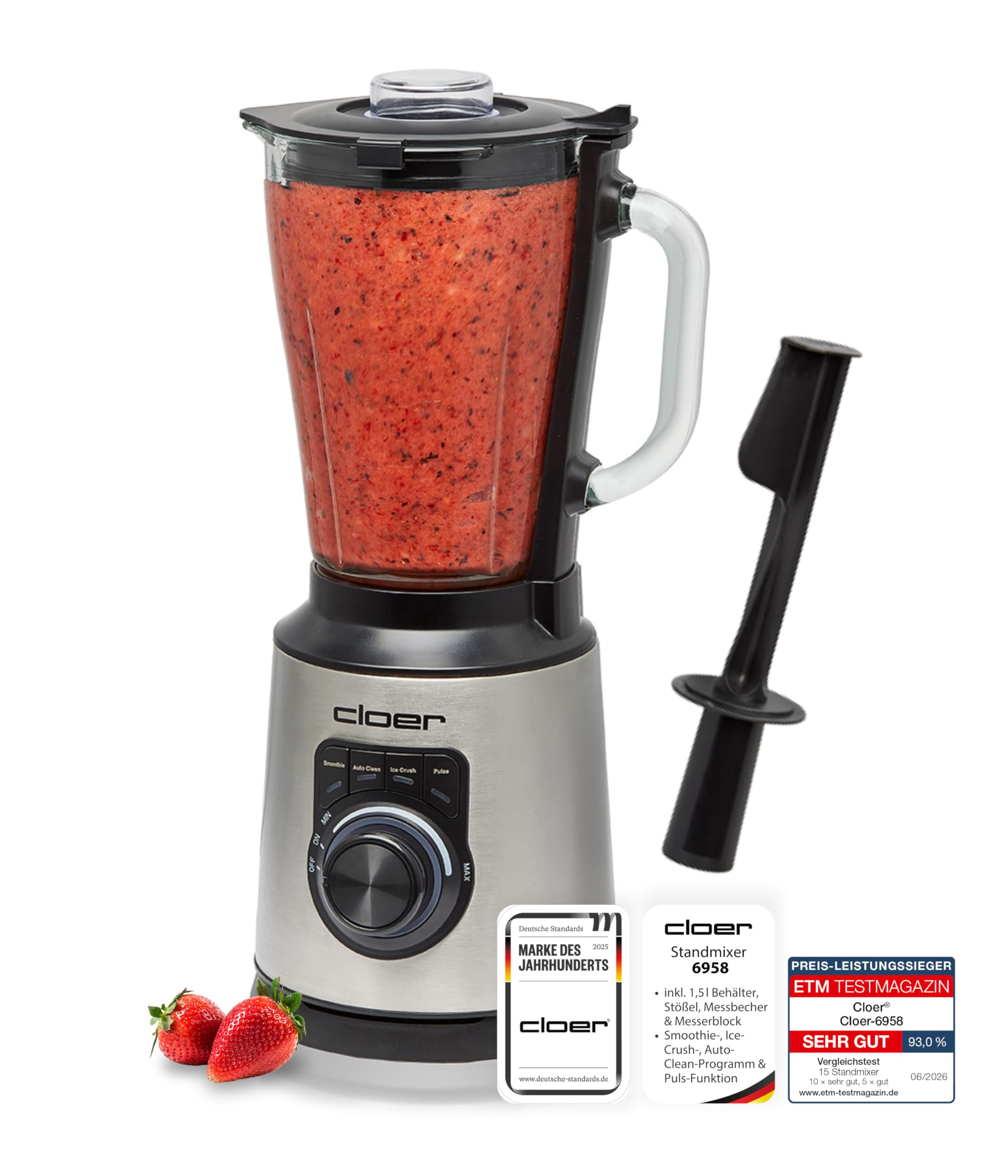 Cloer 6958 Standmixer mit 1,5 l Glasbehälter und 6-flügligem Messer, Mixer mit Smoothie-, Ice-Crush-, Auto-Clean-Programmen & Puls-Funktion, stufenlos einstellbare Geschwindigkeit, 1200 W