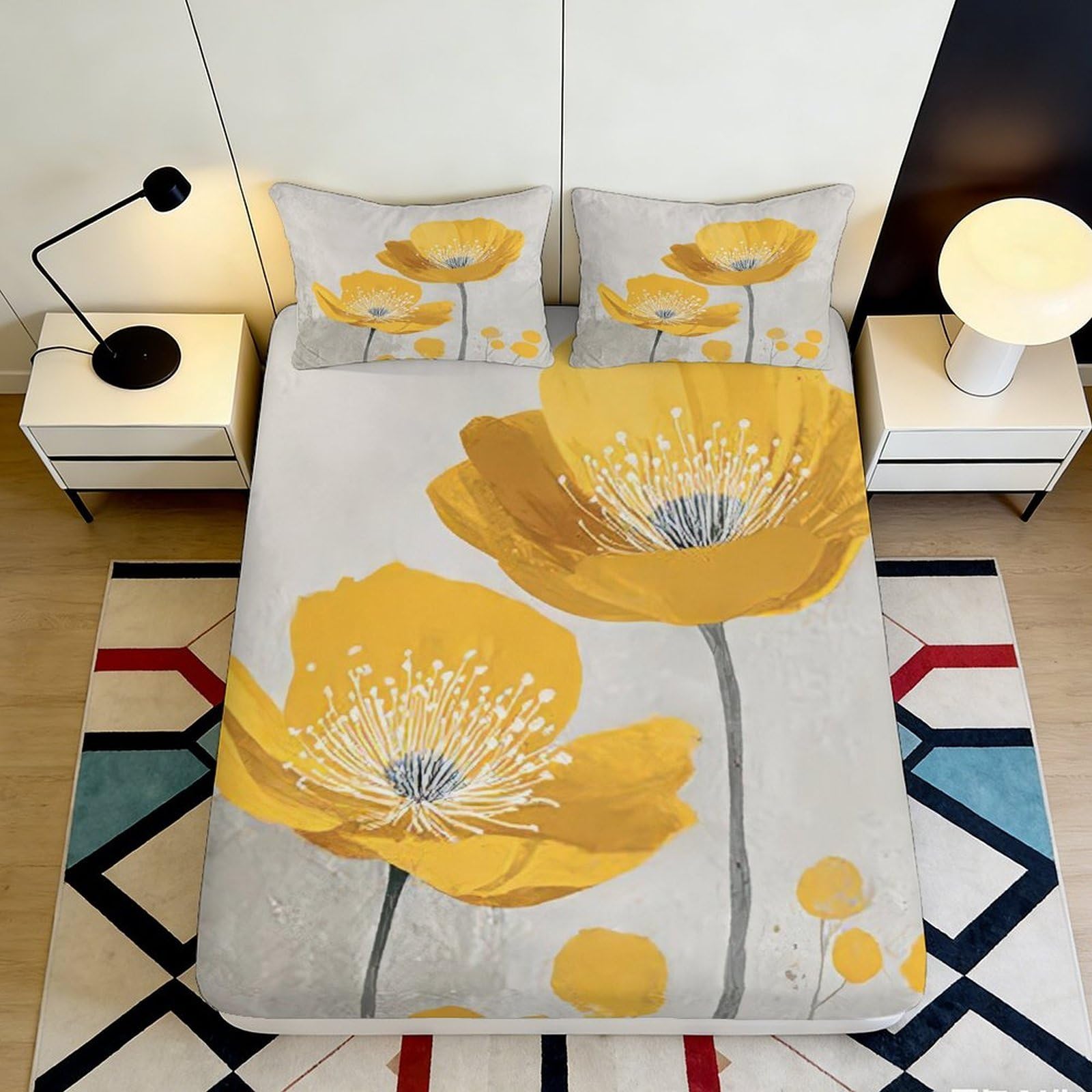 3D Printed Yellow Poppy Fitted Sheet Microfiber Soft Floral Bed Cover for Bedroom Guest Room Mattress Decor 90x200x25cm