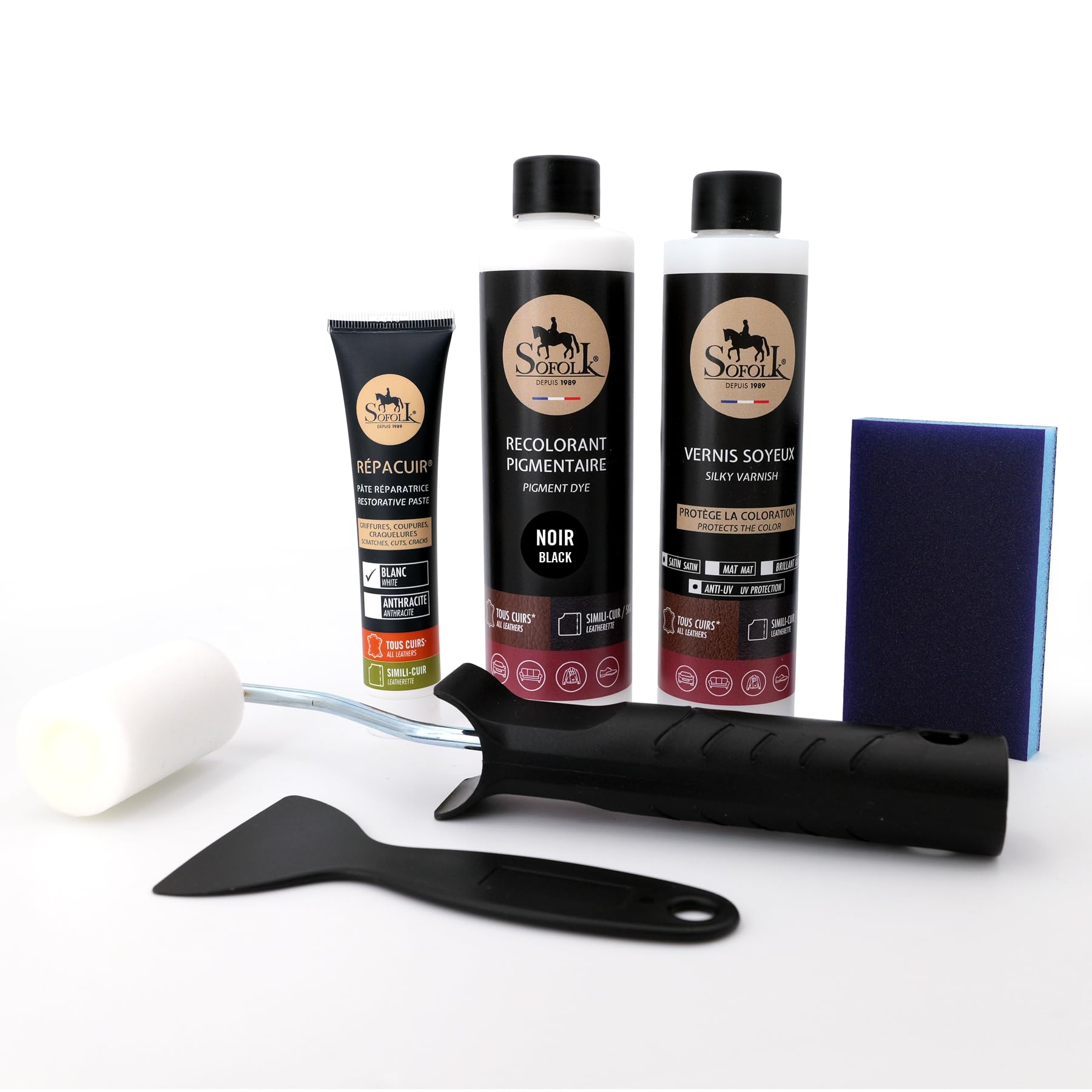 SOFOLK – Kit de renovación de piel para un asiento de coche – Reparación de grietas y desgaste, recoloración del asiento de coche, todos los tonos, protección y cuidado nutritivo (01-Negro)