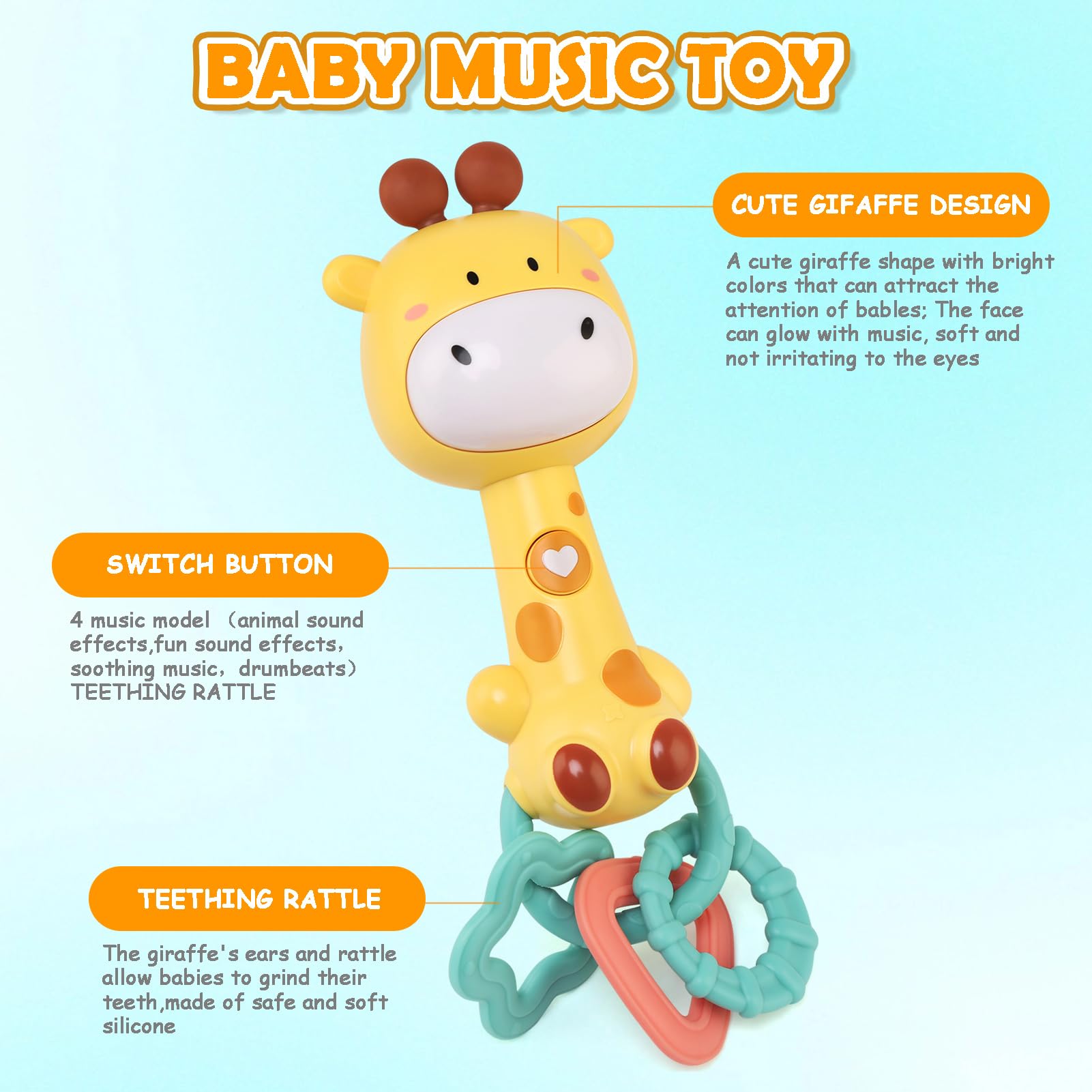 JoyPlus Baby Music Toy 6-12 Months, Bright Yellow Giraffe Baby Musical Rattle Toy - Image 2