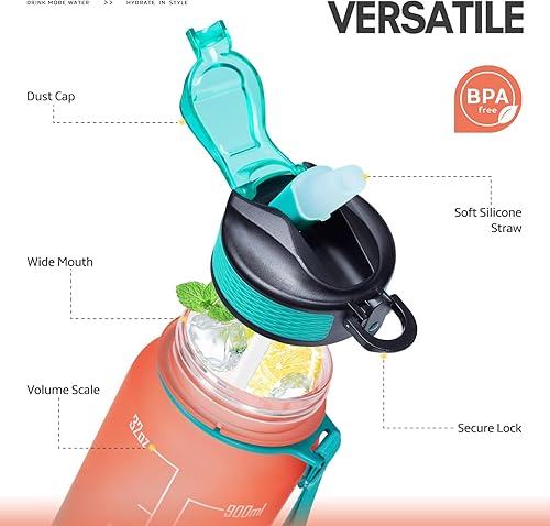 Miniatura 3 de Venture Pal 22 oz 32 oz Sports Water Bottle with Time Marker, Carry Strap and Cleaning Brush - BPA Free, Leak Proof, Straw Lid - Perfect for Fitness