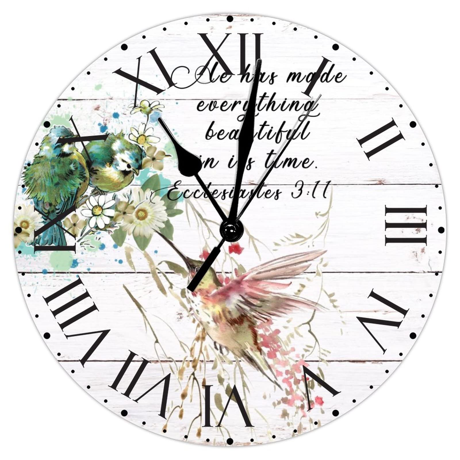 Horloge murale blanche en PVC de 30 cm colibri floral et chiffres romains