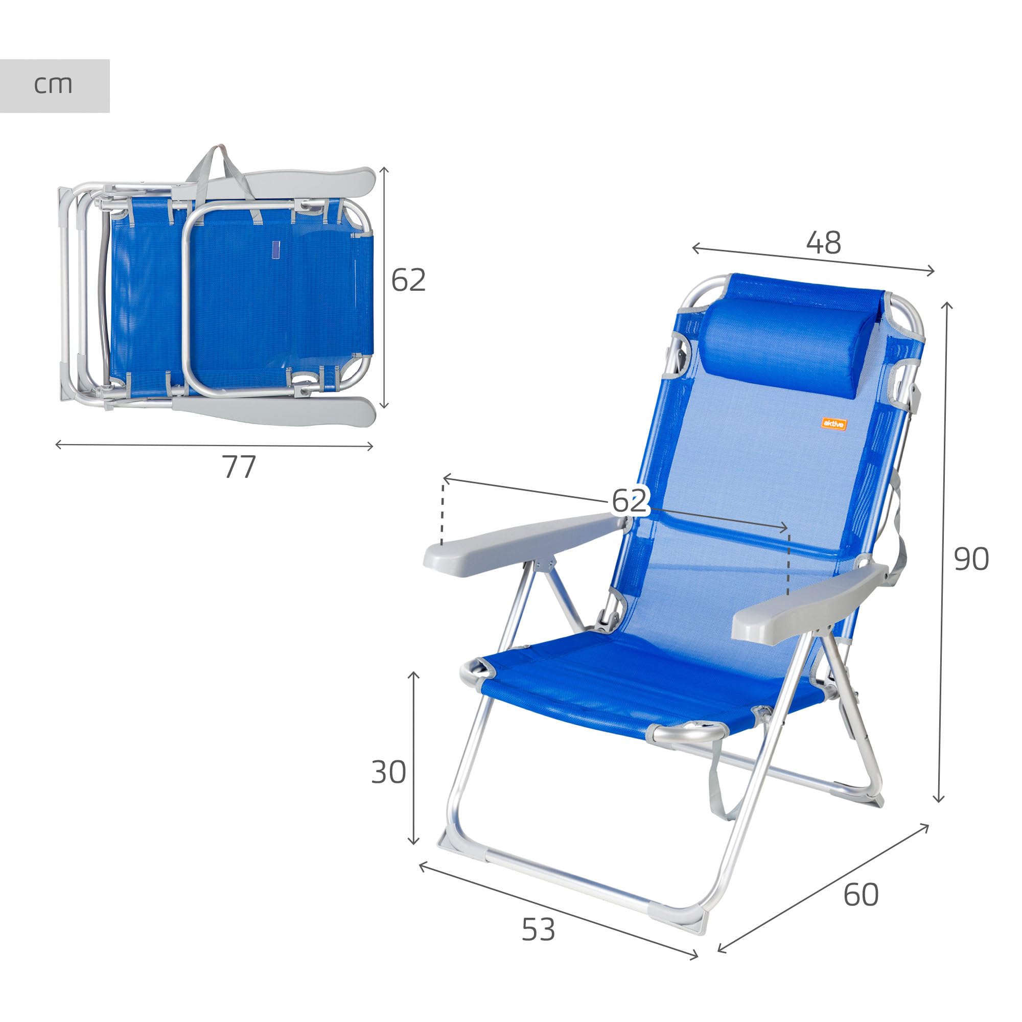AKTIVE 62635 - Sedia da spiaggia pieghevole reclinabile | Sedia pieghevole alta con cuscino | 5 posizioni, colore blu, con maniglia per il trasporto, 48x60x90cm | Sedie da spiaggia pieghevoli leggere