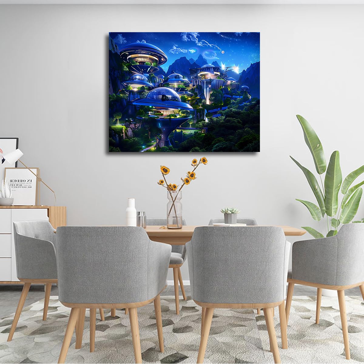 Via Vela Ciencia ficción futurista lienzo de la ciudad de montaña arte mural carteles de arquitectura pintura de paisajes urbanos mural grabado para decoración del salón 75x100cm