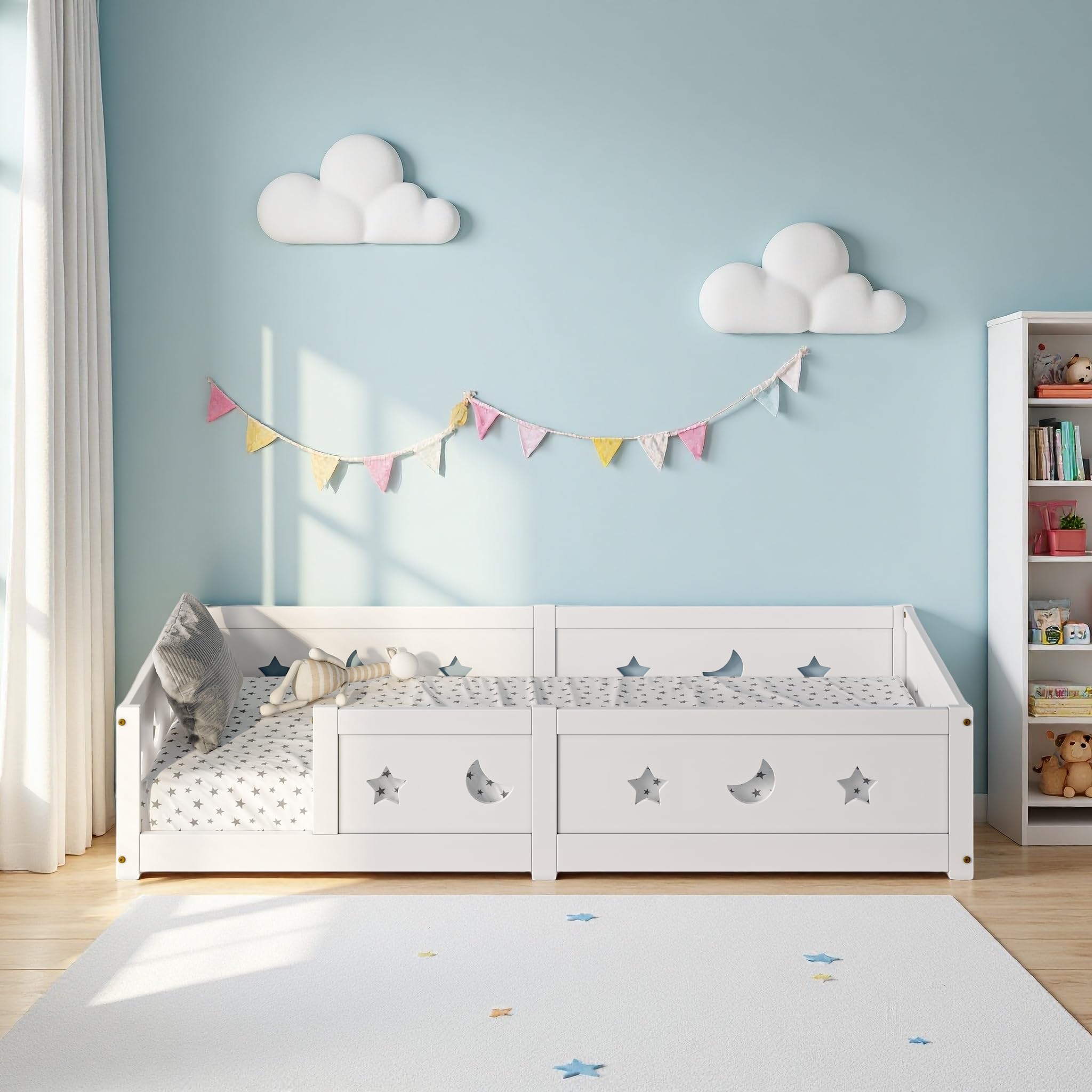 Cama de suelo infantil de 120 x 200, cama Montessori en el suelo de madera maciza con barrera de seguridad y somier de láminas, marco de camas de 1 plaza para niños y niñas, niños y bebés (A