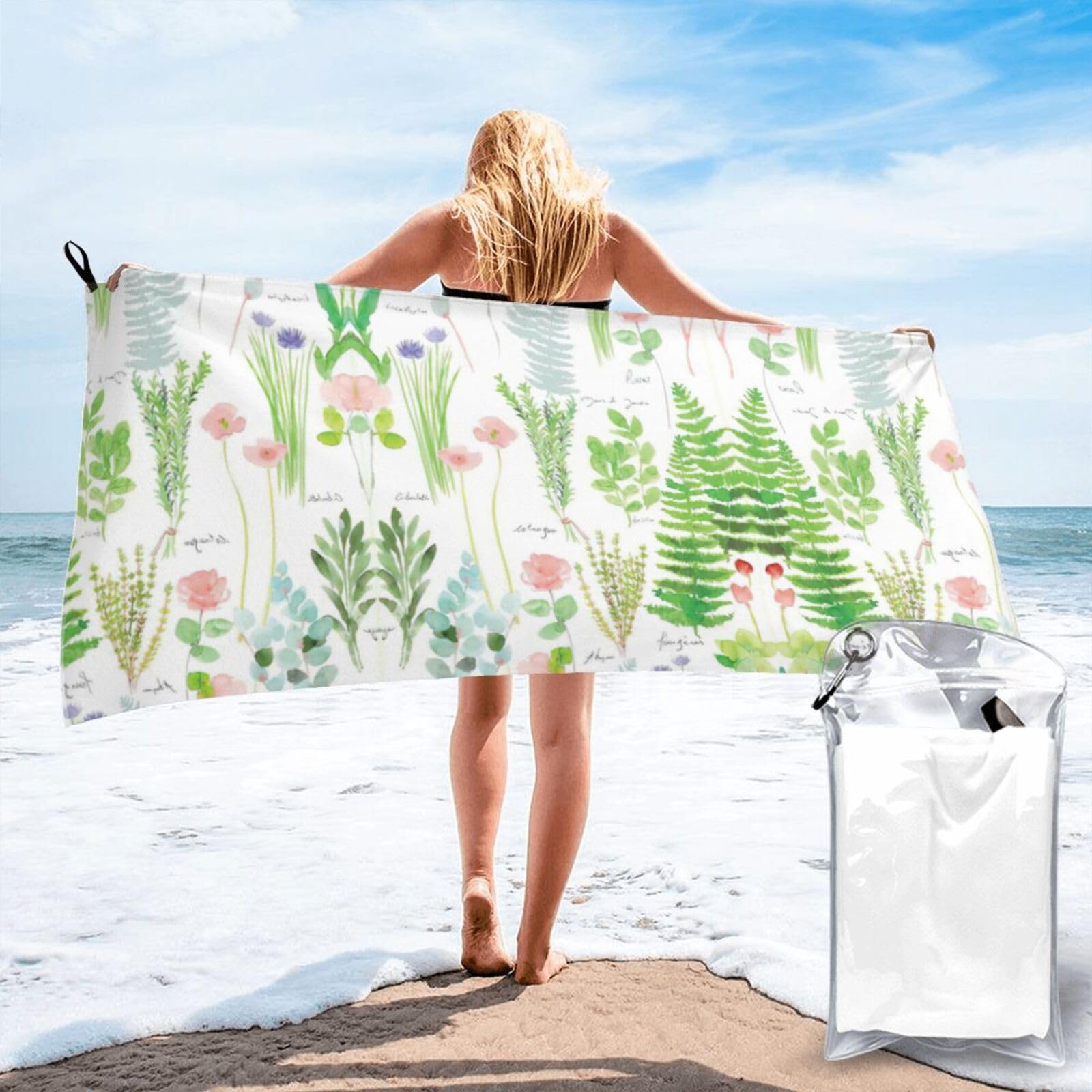 SDEGTHO Springtime Herb Garden Print Beach Towel Quick Dry Portable For Swimming Yoga Adults Fitness