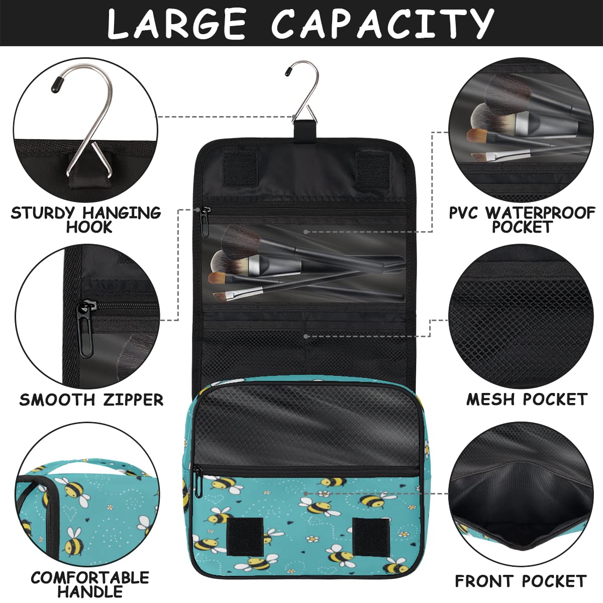 Zabawna pszczoła podróżna kosmetyczka zwierzę pszczoły torba do mycia torba unisex wiszące przybory toaletowe kosmetyczne organizer do makijażu, wielobarwny, Jeden rozmiar