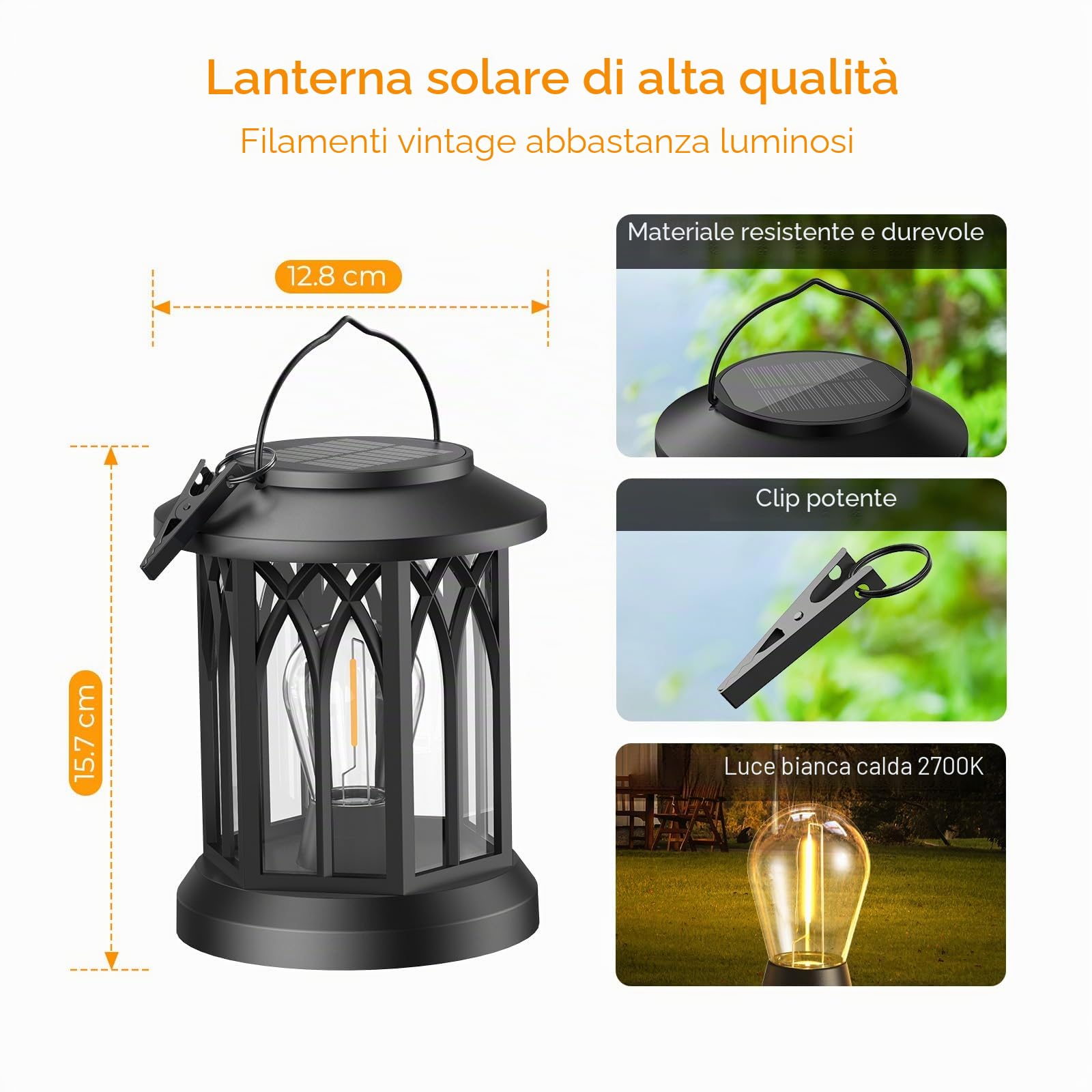 GEARLITE Lanterne Solari da Esterno, 2 Pezzi Luci Solari da Giardino, Luce al Tungsteno Bianco Caldo, IP65 Impermeabile Lanterna Solare da Esterno con Clip, Lampade da Esterno Giardino per Terrazzo