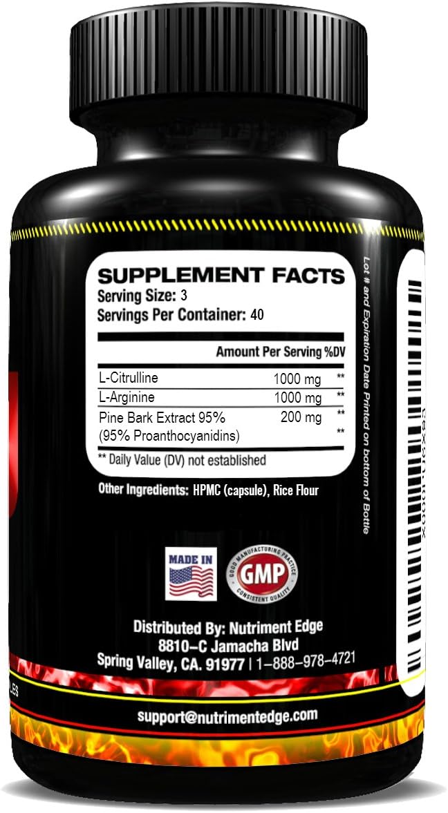Nutriment EDGE #1 Best and Most Efficient Nitric Oxide Booster, L-Arginine, L-Citrulline Supplement 120 Capsules - Pre Workout NO2 For Enhanced Strength Endurance Maximum Muscle Female & Male Enhancement, Reduces Fatigue, Increases Energy And Recovery Rate Or Your Money Back - Made In USA, GMP, Consistent Quality