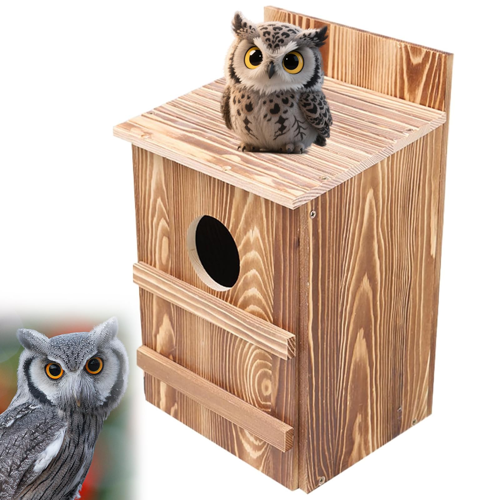 Casetta per Uccelli a Forma di Gufo in Legno, Nido Esterno per Falchi e Uccelli, Rifugio per Uccelli con Viti per Installazione su Alberi, Muri, Palo, Giardino e Cortile 36.8 * 19 * 22.8