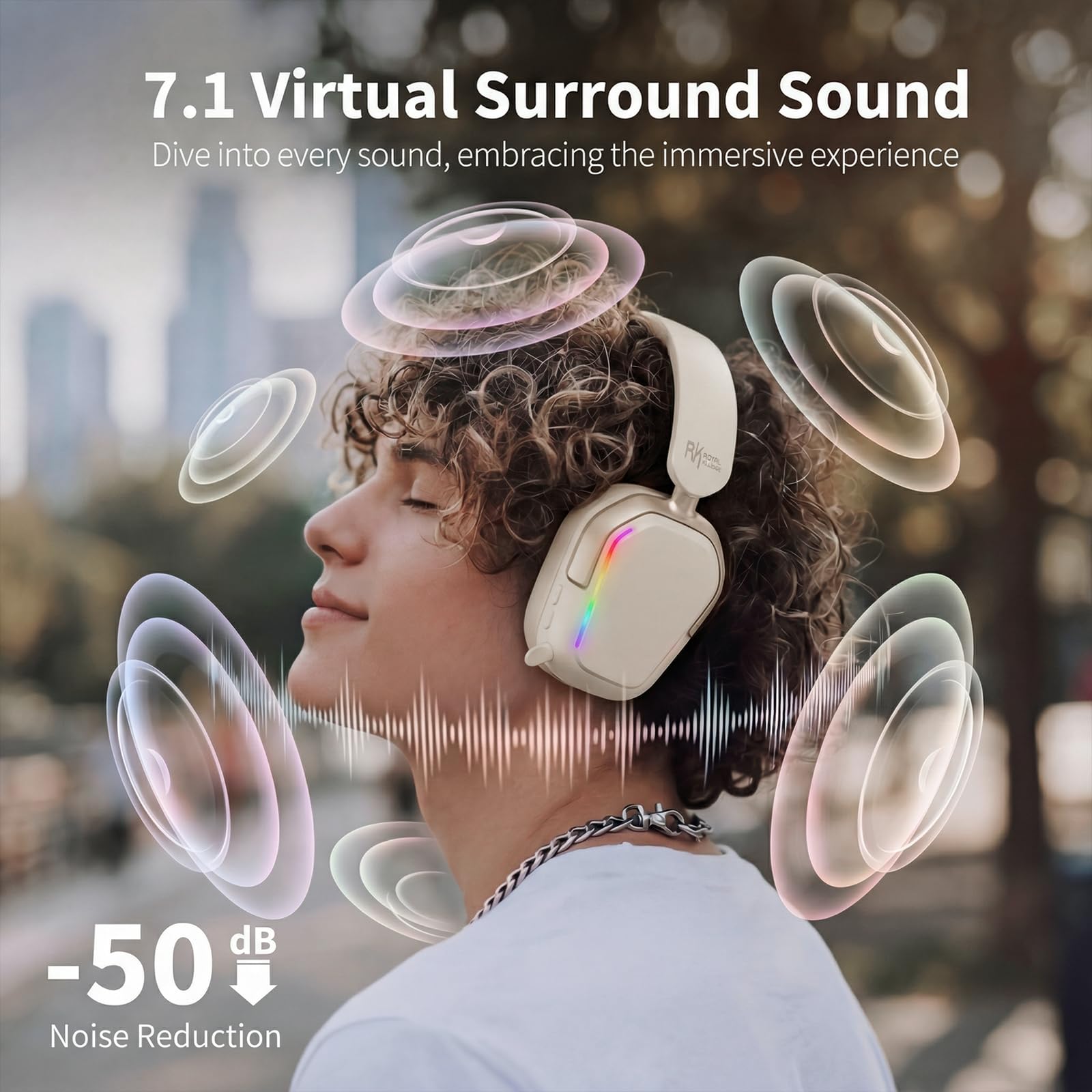 RK Royal Kludge HG101 Wireless Gaming Headset, 7.1 Surround Sound, Stereo Wired Headphones with Retractable Mic, Bluetooth5.3, RGB, Memory Foam Ear Pads, Works with PC, PS4, PS5, Switch, Platinum Grey - 4