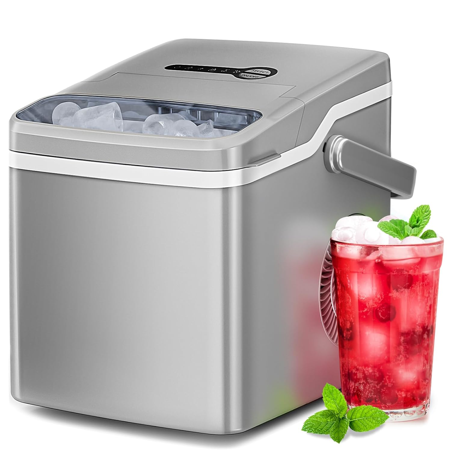 Antarctic Star Ice Maker Countertop, 26Lbs/24H, 2 Sizes Bullet Ice Cubes with Handle, 9 Cubes in 6 Mins, Portable Ice Machine with Self-Cleaning, for Office/Dorm/Kitchen/RV, Grey