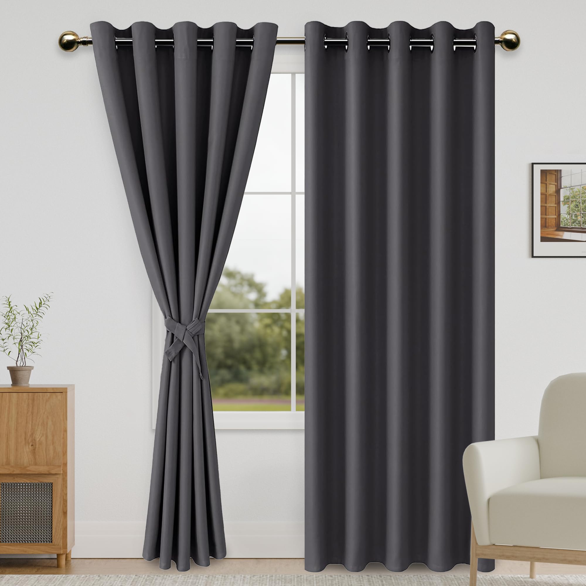 DWCN Dark Grey Blackout Curtains for Bedroom with Tiebacks - Thermal Insulated Light Blocking Grommet Window Curtains for Living Room, 60 x 84 inch Length, Set of 2 Panels