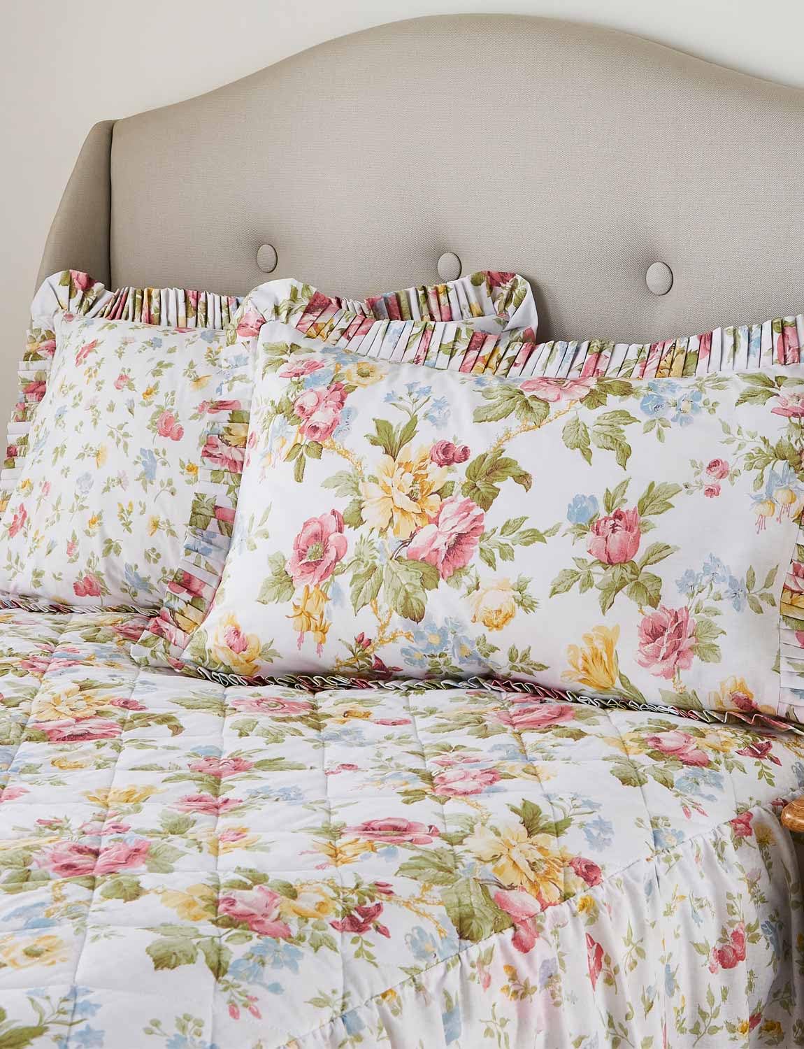 Vantona Elizabeth Floral Pillowcase Pair with Luxury Pleated Edge, Soft Cotton Blend Multi