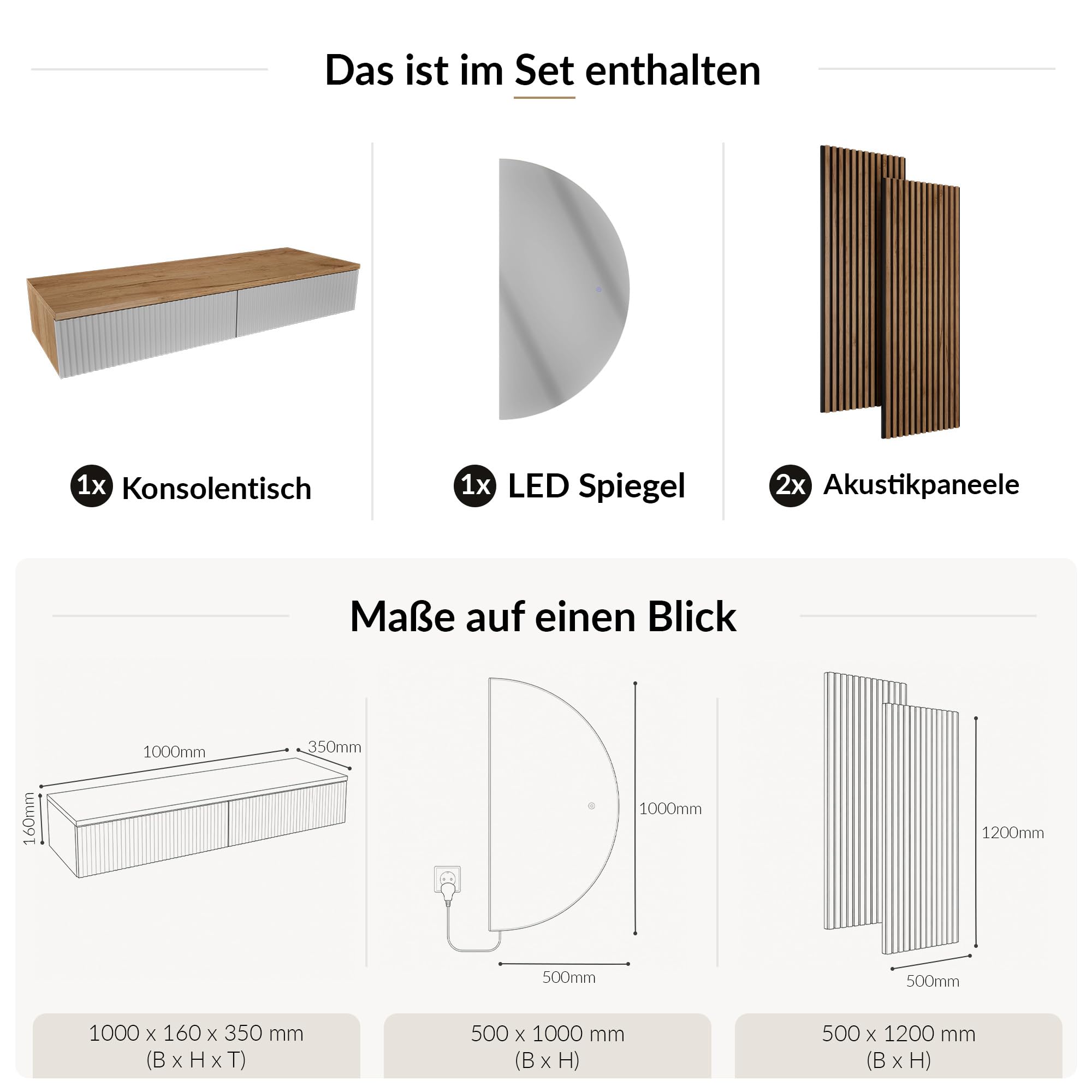 Planetmöbel Flurgarderobe Set Konsolentisch 100 cm inkl. Spiegel mit Beleuchtung halbrund 50 x 100 cm, 2X Akustikpaneele 120 x 50 cm, Flur Möbel modern, Gold Eiche/weiß