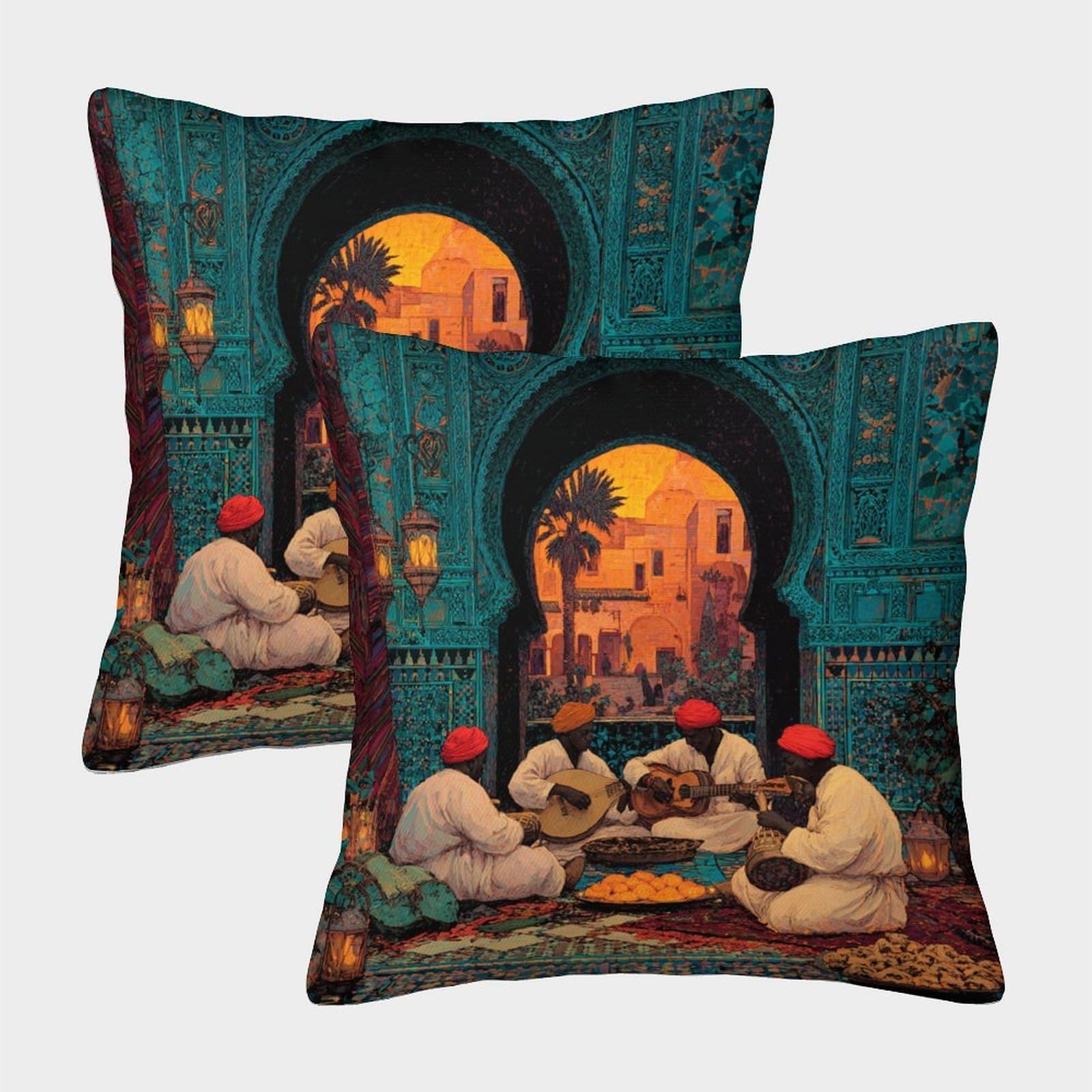 kaiyun 2 Pack The Musicians Played Traditional Instruments in A Nomadic Style Pillow Case Home Decoration Sofa Cushion Cover 50x50cm
