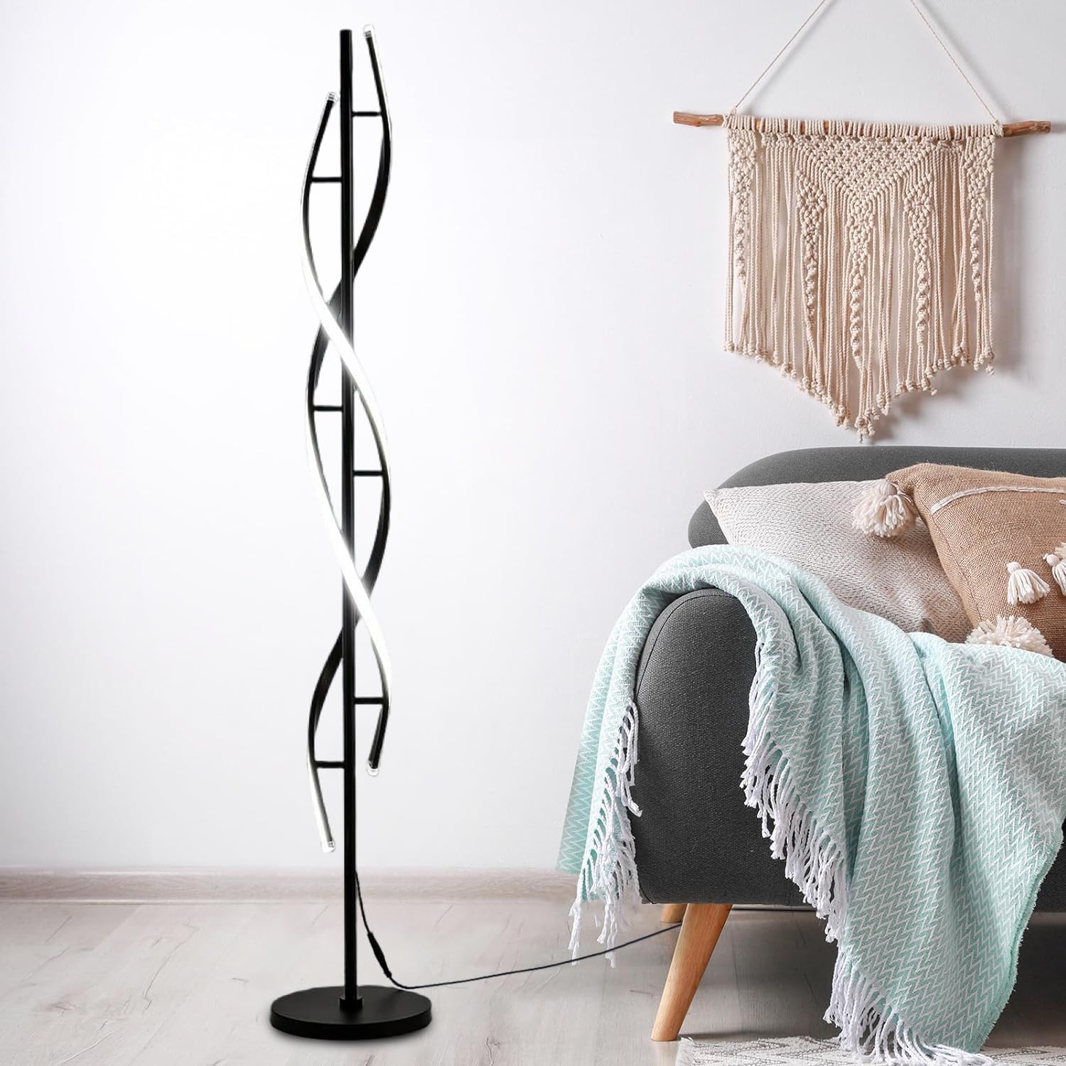 SPNOR Floor Lamps, Modern Spiral LED Floor Lamp, 135cm Dimmable Brightness Corner Standing Lamp Black Floor Lamp for Living Room Bedroom Office Classroom Dorm Apartment, FED585