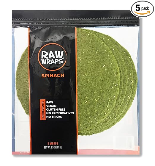 Raw Wraps, Gluten Free, Paleo, Vegan, Keto Friendly Food, Shelf Stable, 5 Wraps per Pack, Vegan, Low Carb Tortilla Wraps, Spinach Flavor