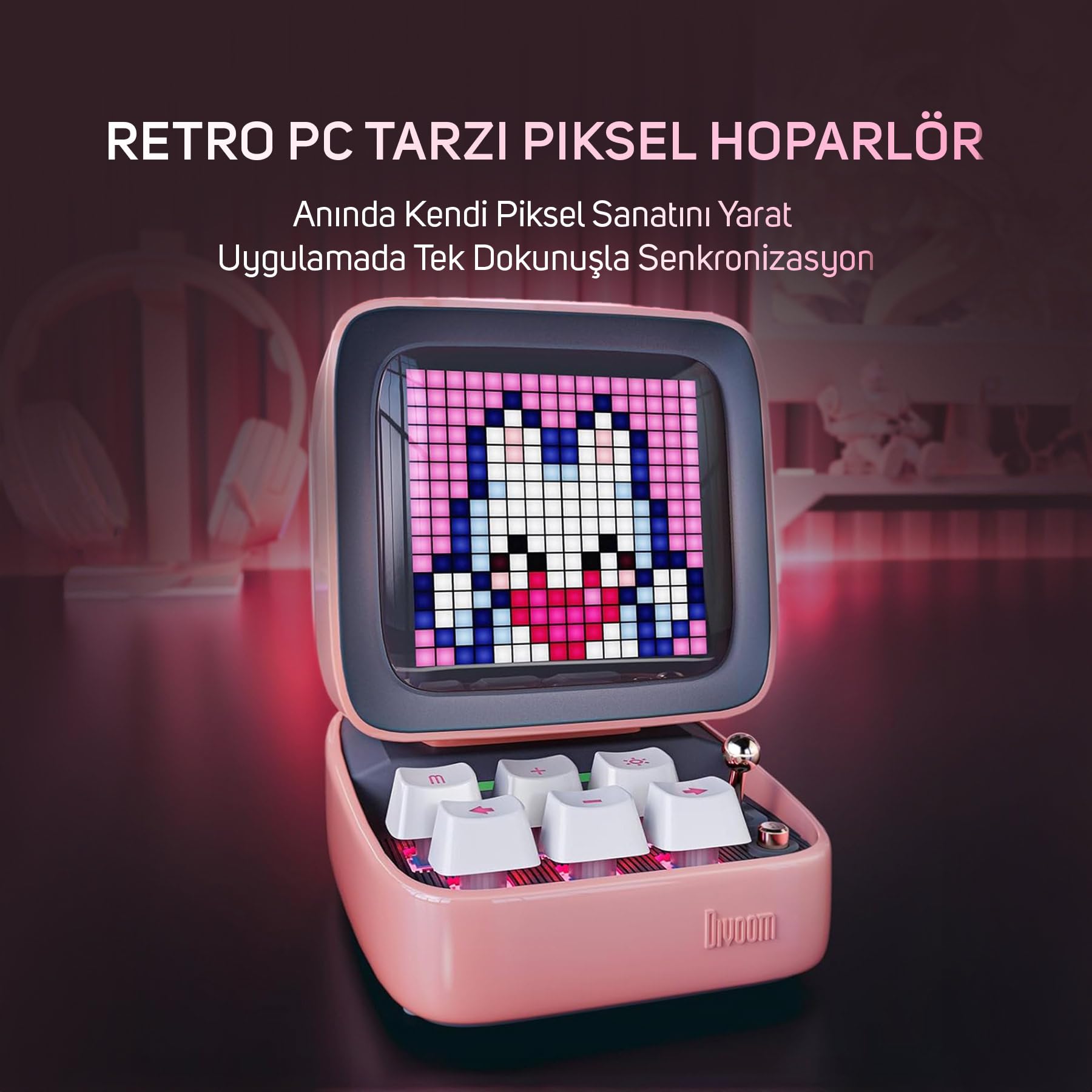 Divoom Ditoo Pro Pembe Bluetooth Hoparlör ve Pixoo-64 Led Ekran Seti