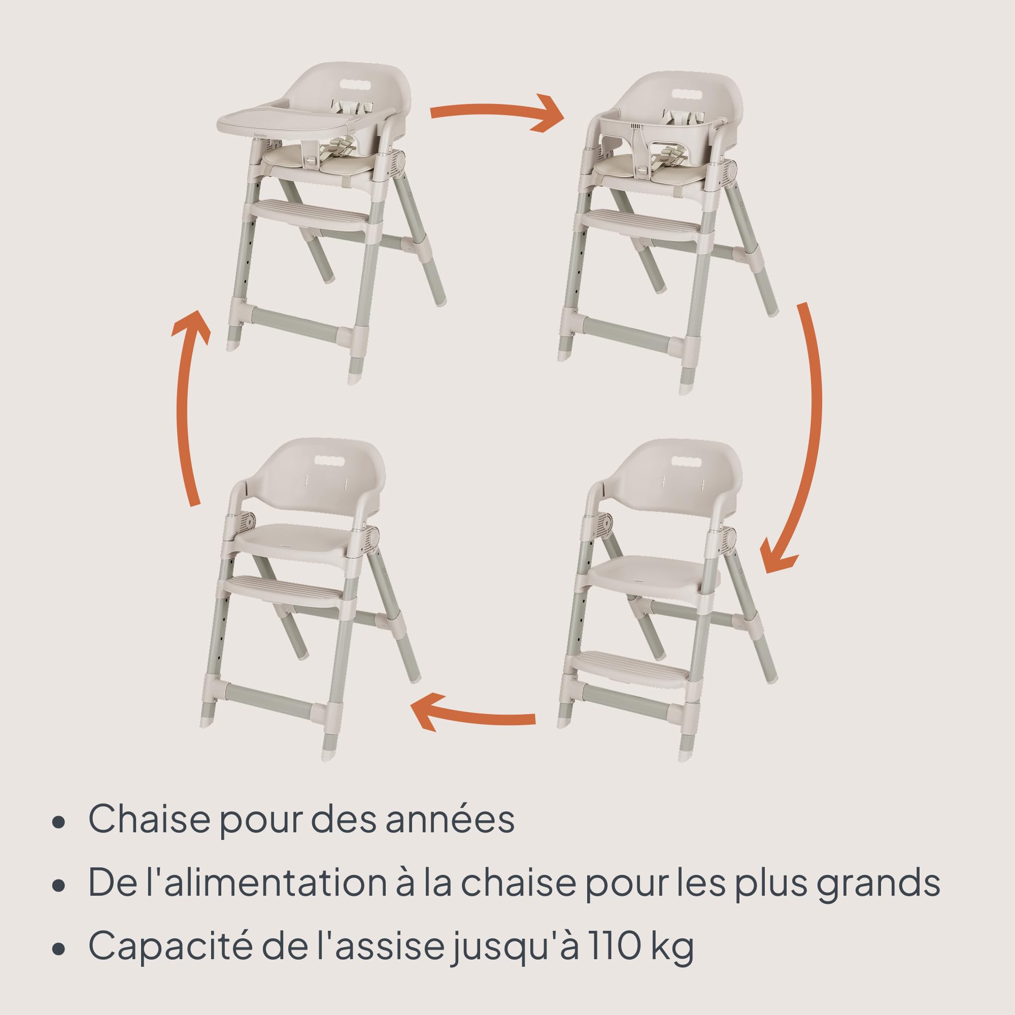 Lionelo Matt Chaise Haute Bébé 3 en 1, Pliable et Évolutive, Beige | Dès 6 Mois, Assise et Repose-Pieds Réglables, Plateau Lave-Vaisselle, Harnais 5 Points, Coussin Doux, Jusqu’à 110 kg
