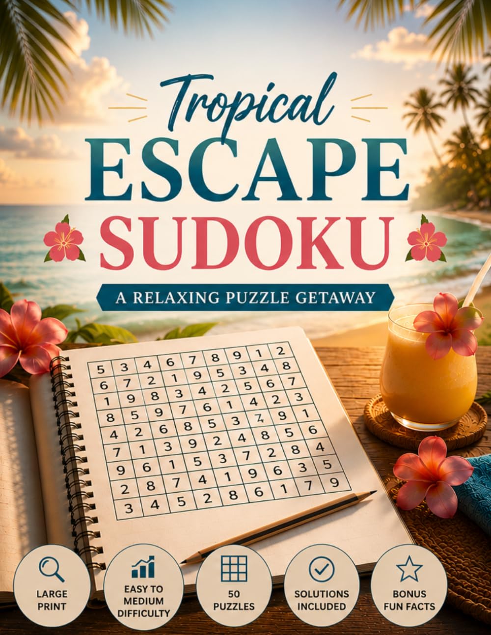 Tropical Escape Sudoku: Large Print Easy to Medium Sudoku Puzzles with Relaxing Tropical Facts for Vacation Vibes and Stress Relief