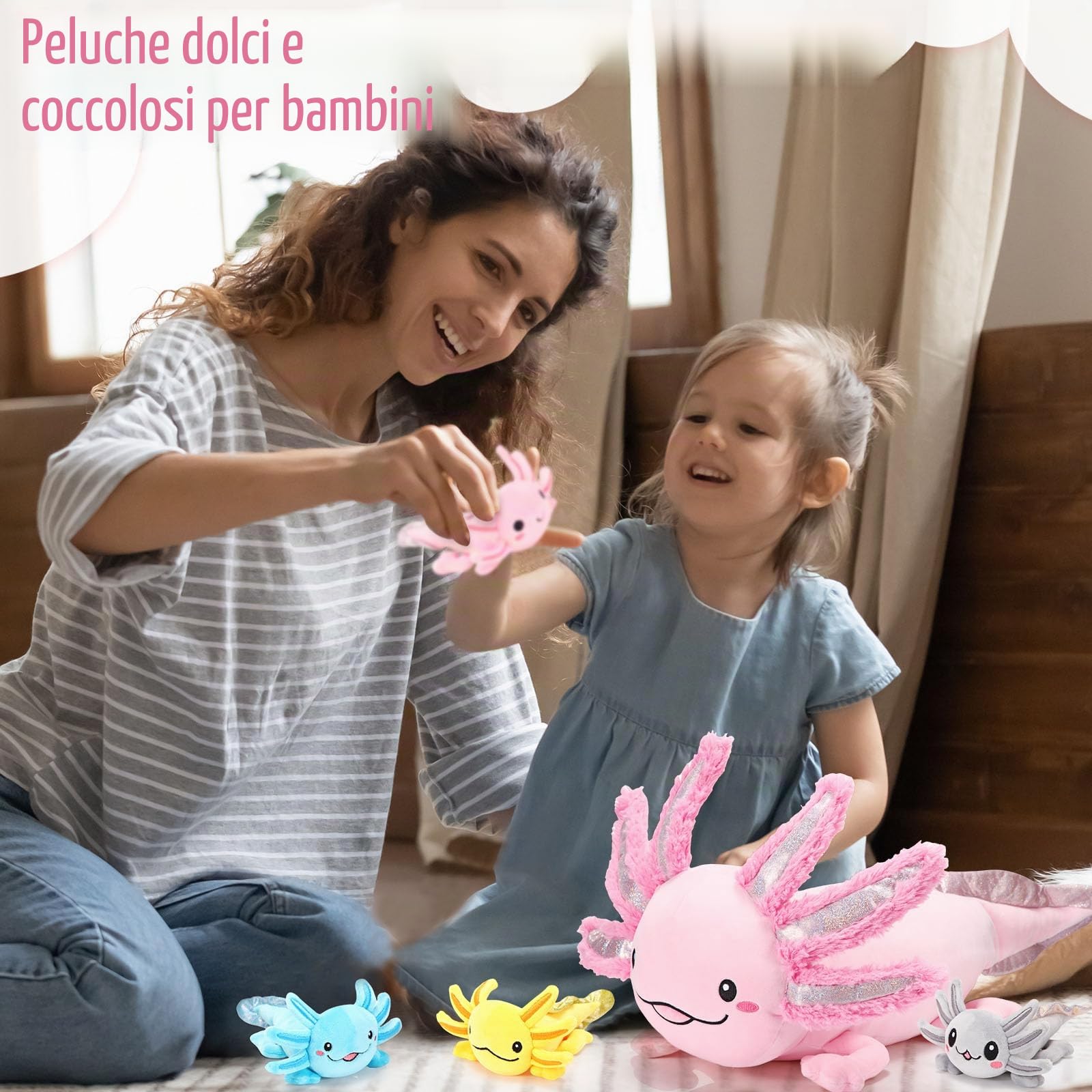 Aoriher Set di Peluche Axolotl da 5 Pezzi Peluche Mamma Axolotl da 60 cm con 4 Simpatici Bambini Axolotl di Peluche nella Sua Pancia Morbida Bambola di Axolotl per Ragazzi Regalo di Natale Compleanno