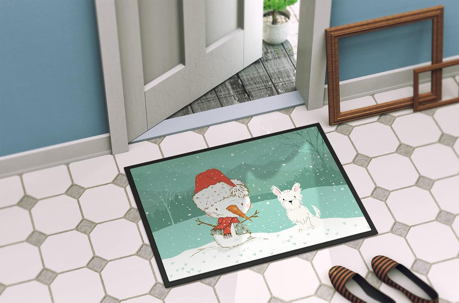 Caroline's Treasures CK2097MAT Westie Terrier Snowman Christmas Doormat 18x27 Front Door Mat Indoor Outdoor Rugs for Entryway, Non Slip Washable Low Pile, 18H X 27W