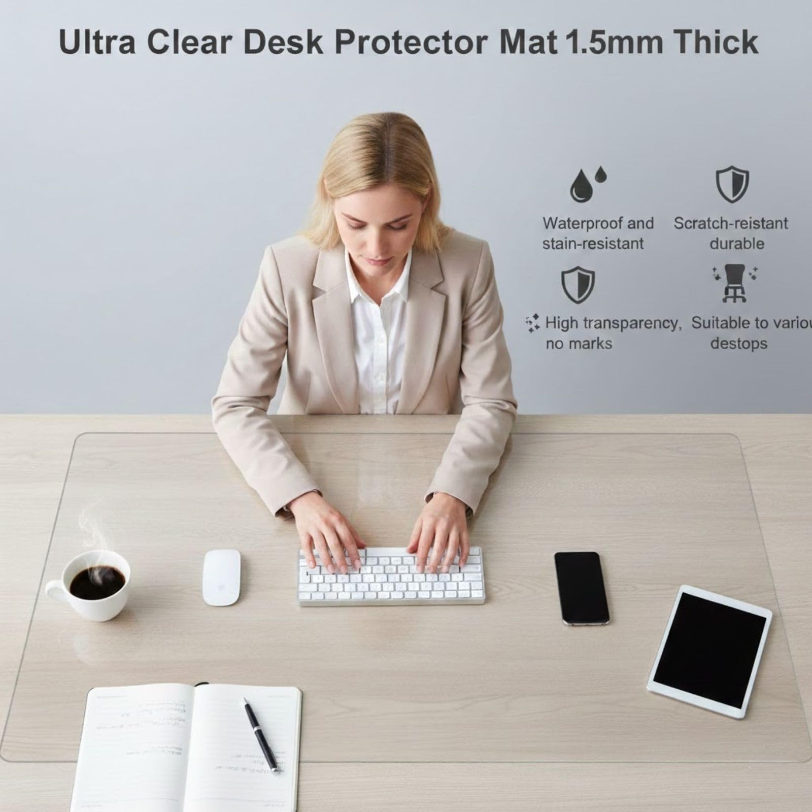 Schreibtischunterlage Transparent 1.5mm, Klares Großes Mauspad, Wasserdichte Tischunterlage Schreibunterlage Durchsichtig, Tischschutz Unterlage Schreibtisch Zubehör Für Büro，Zuhause(130cm x 180cm)