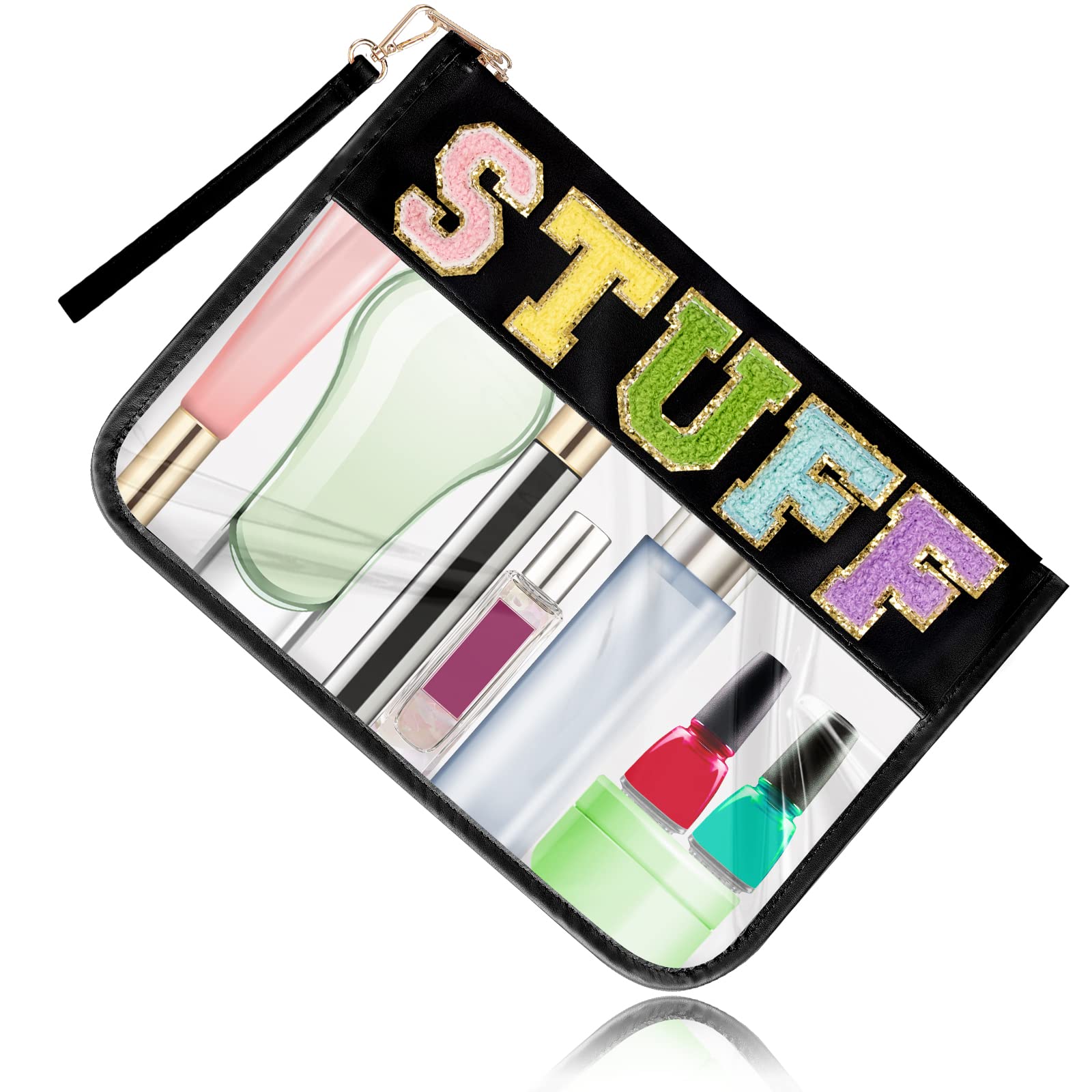 Monogram Glitter Chenille Letter Clear Bag, Portable Travel Essentials Zipper Clear Pouch with Wrist Strap, Black-Stuff