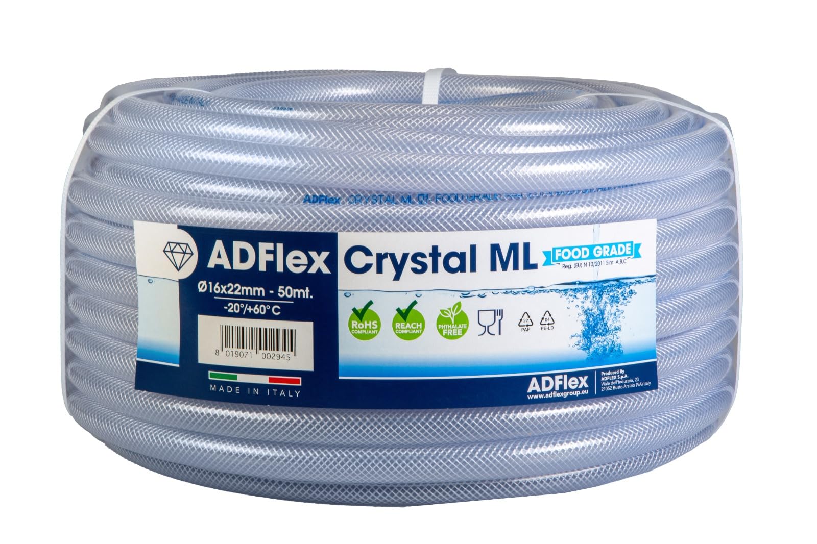 Tubo in PVC trasparente Crystal Retex ML 16x22 50 m Rinforzato, Ultra Resistenza, Qualità Alimentare, passaggio aria, aria compressa, passaggio liquidi, acqua potabile, irrigazione