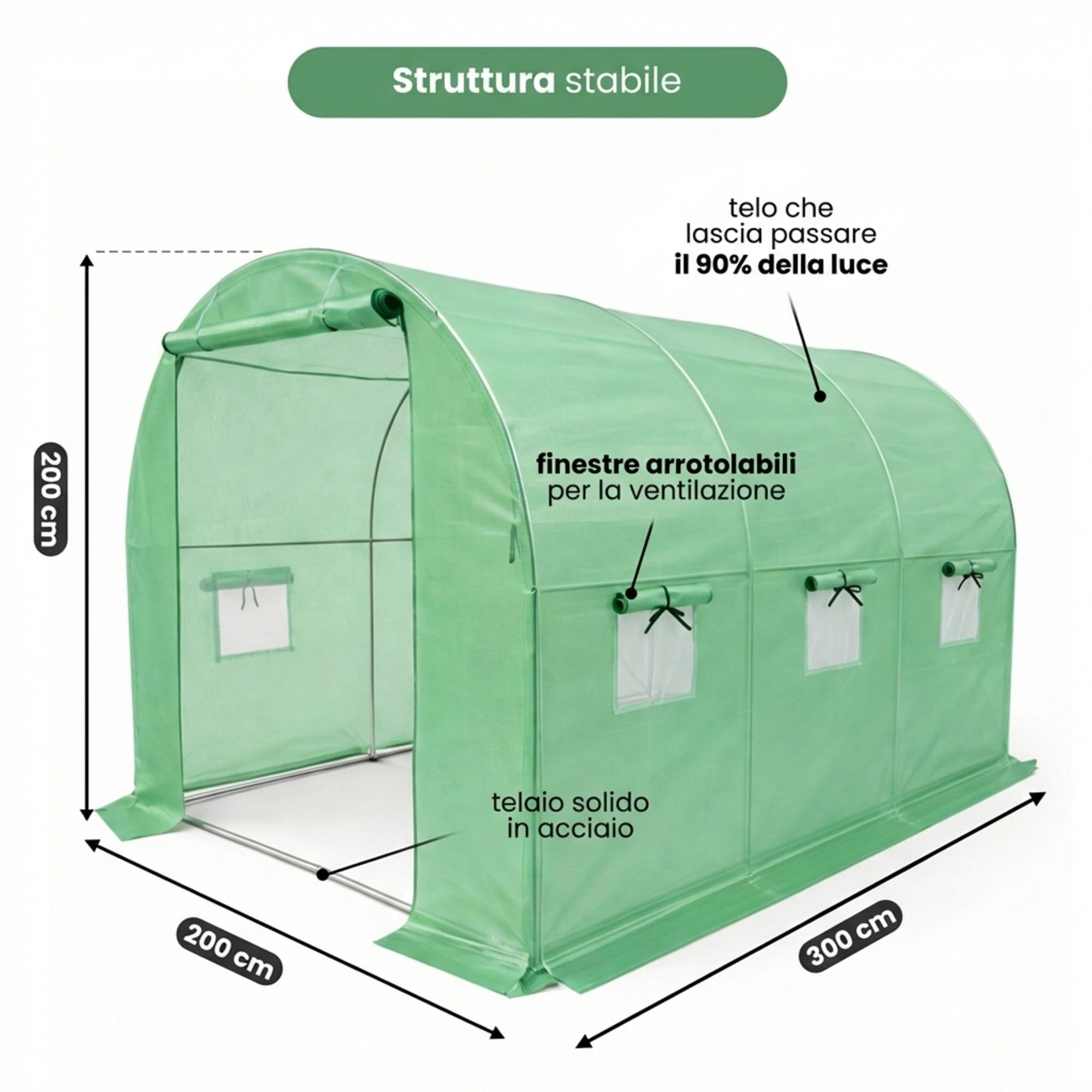 AKORD Invernadero de Túnel para Jardín con Estructura de Acero Galvanizado y Película de PE, 6 Ventanas y 1 Puerta, 200x300x200 cm, Verde